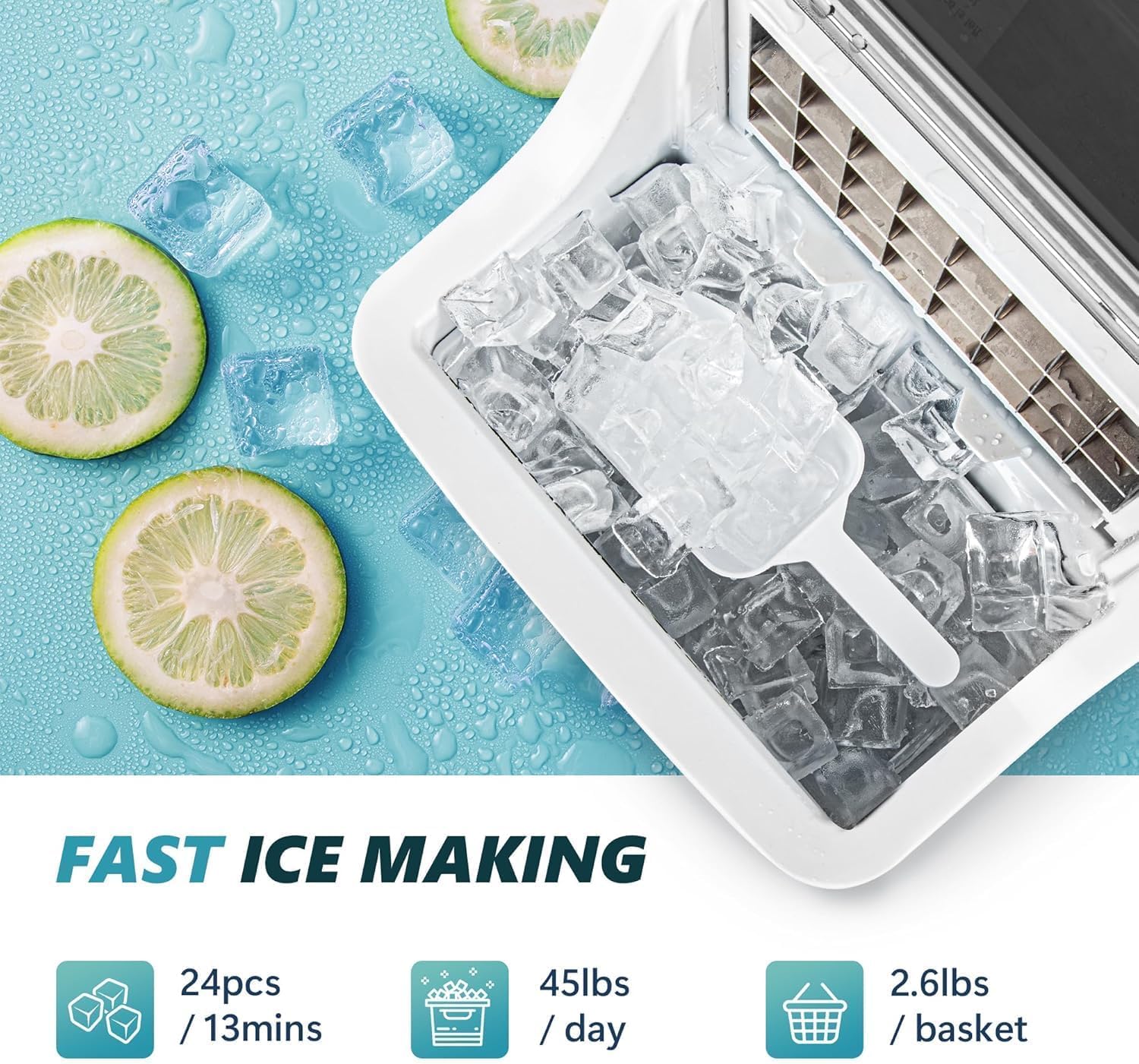 EUHOMY Ice Cube Maker Machine Countertop, 2 Ways to Add Water, 45Lbs/Day 24 Pcs Ready in 13 Mins, Self-Cleaning Portable Compact, with Ice Scoop & Basket, Perfect for Home/Kitchen/Office/Bar