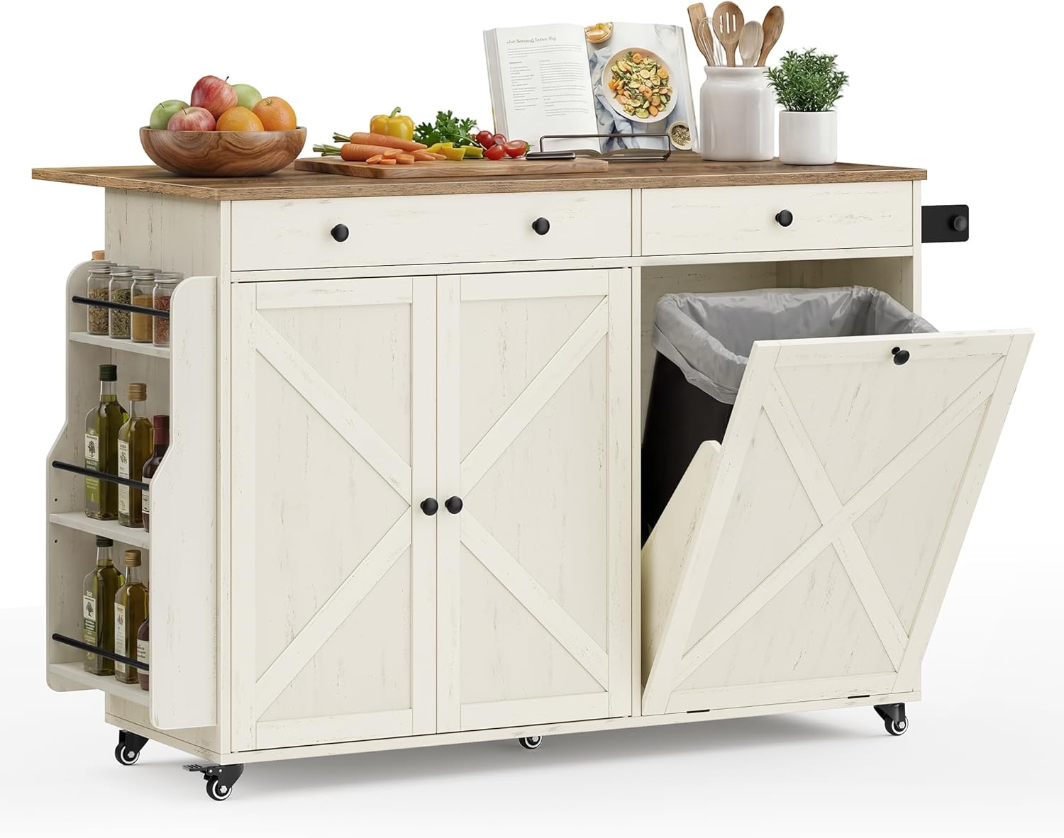 VASAGLE Mobile Kitchen Island with Trash Can Storage, Drop Leaf, Portable Island with Spice Rack, Mobile Cart with Storage Cabinet, for Dining Room, Rustic White and Honey Brown UKKI014WJ01S