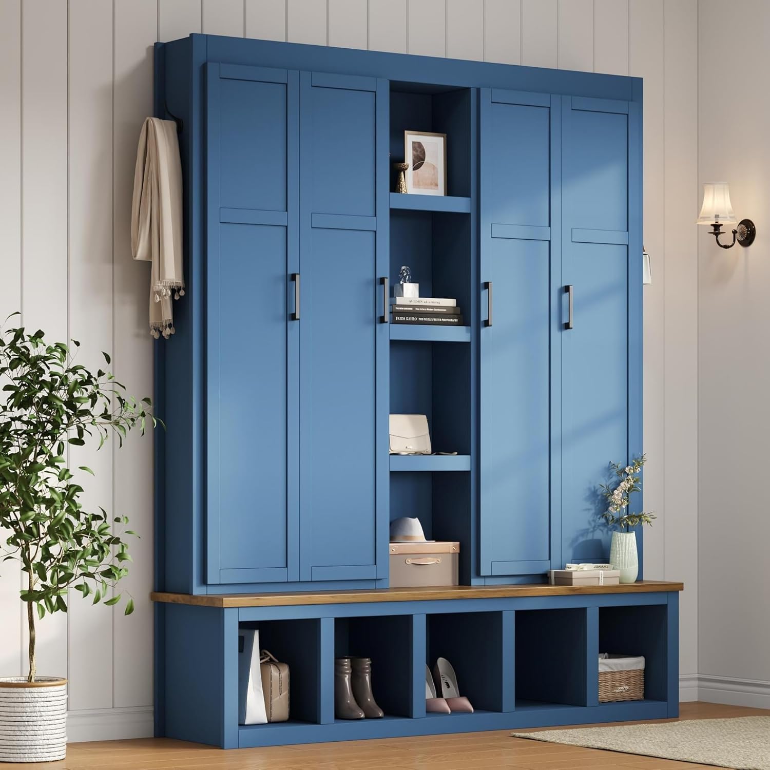 Modern 63'' Wide Hall Tree with 6 Hidden Hanging Hooks, Brown Wood Grain Minimalist Shoe Cabinet with Open Compartments, Entryway Coat Rack for Living Room Hallway (Blue-4.23)