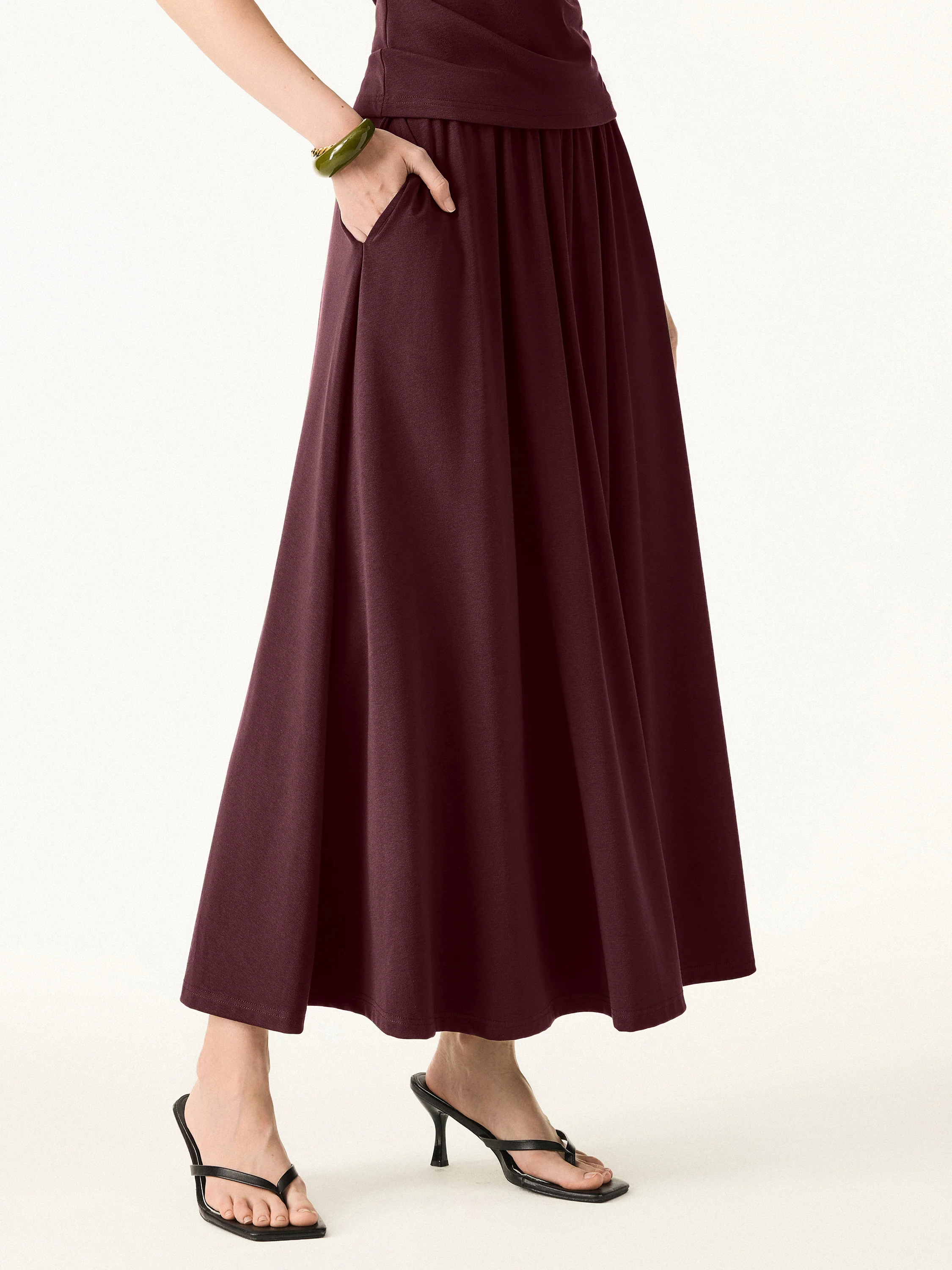 Stretch Cotton Maxi Umbrella Skirt with Pockets