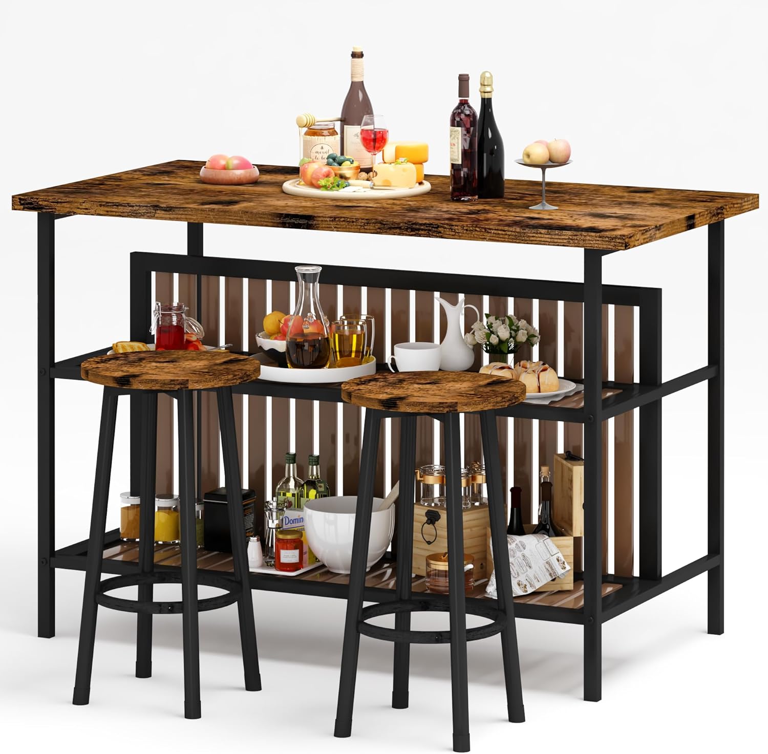 DKLGG Kitchen Island with Seating & Storage, Farmhouse Dining Table Set for 2, Space-Saving 3 Piece Dining Set Table & Chairs Island Table for Kitchen, Apartment, Dining Room, Rustic Brown