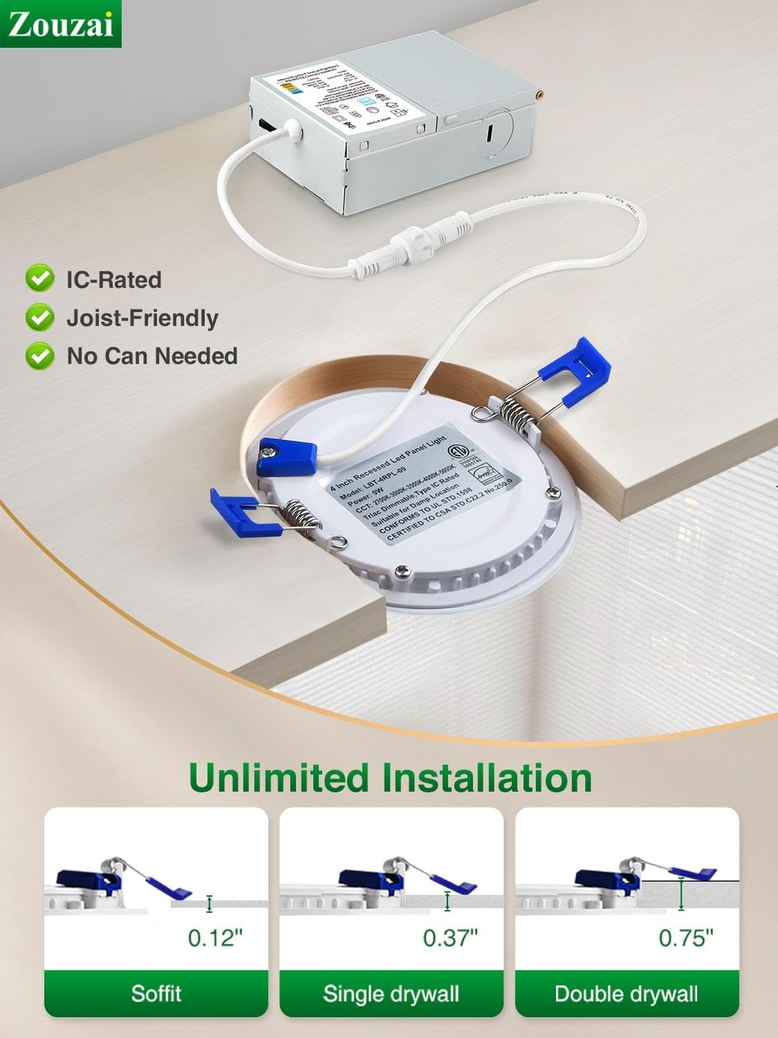 zouzai 24 Pack 6 Inch Ultra-Thin LED Recessed Ceiling Light with Junction Box 5CCT Adjustable Dimmable Can-Killer Downlight - ETL and Energy Star Certified (24 Pack,5CCT, 6 Inch)
