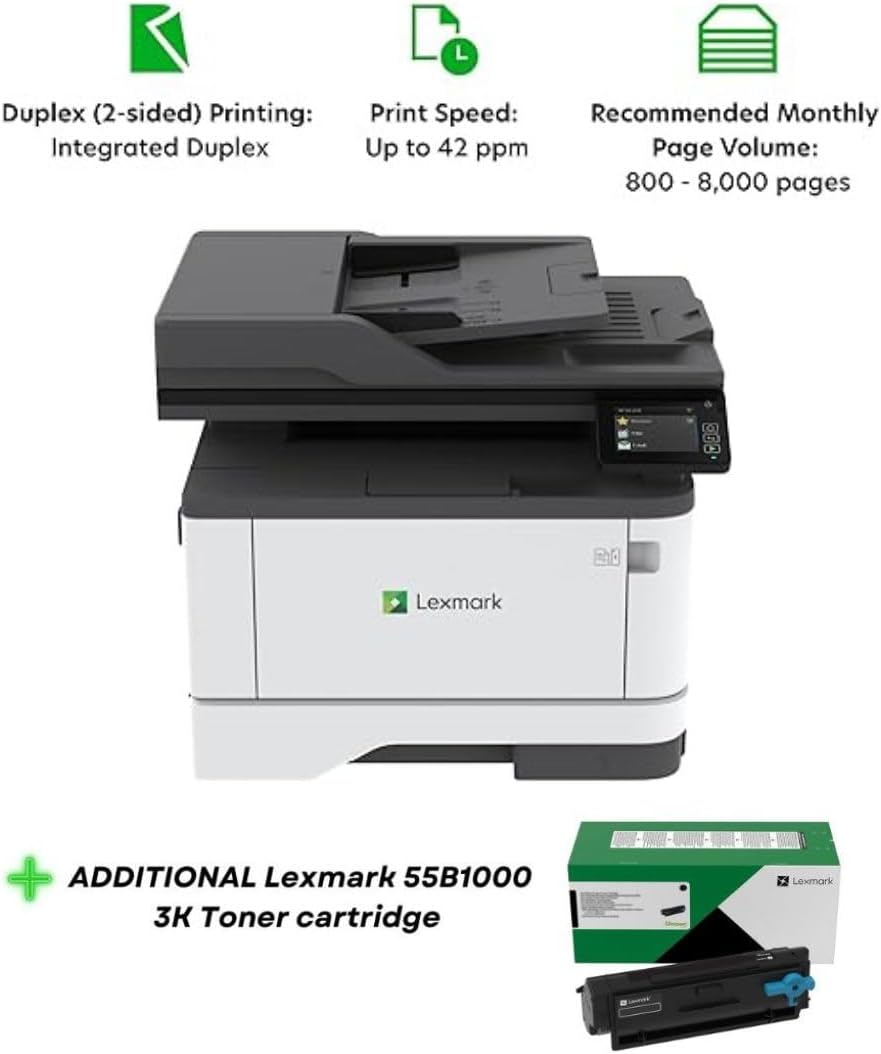 Lexmark MX431adn Laser Multifunction Printer - Monochrome(29S0200) Bundle with Lexmark 55B1000 Black 3K Yield Toner Cartridge
