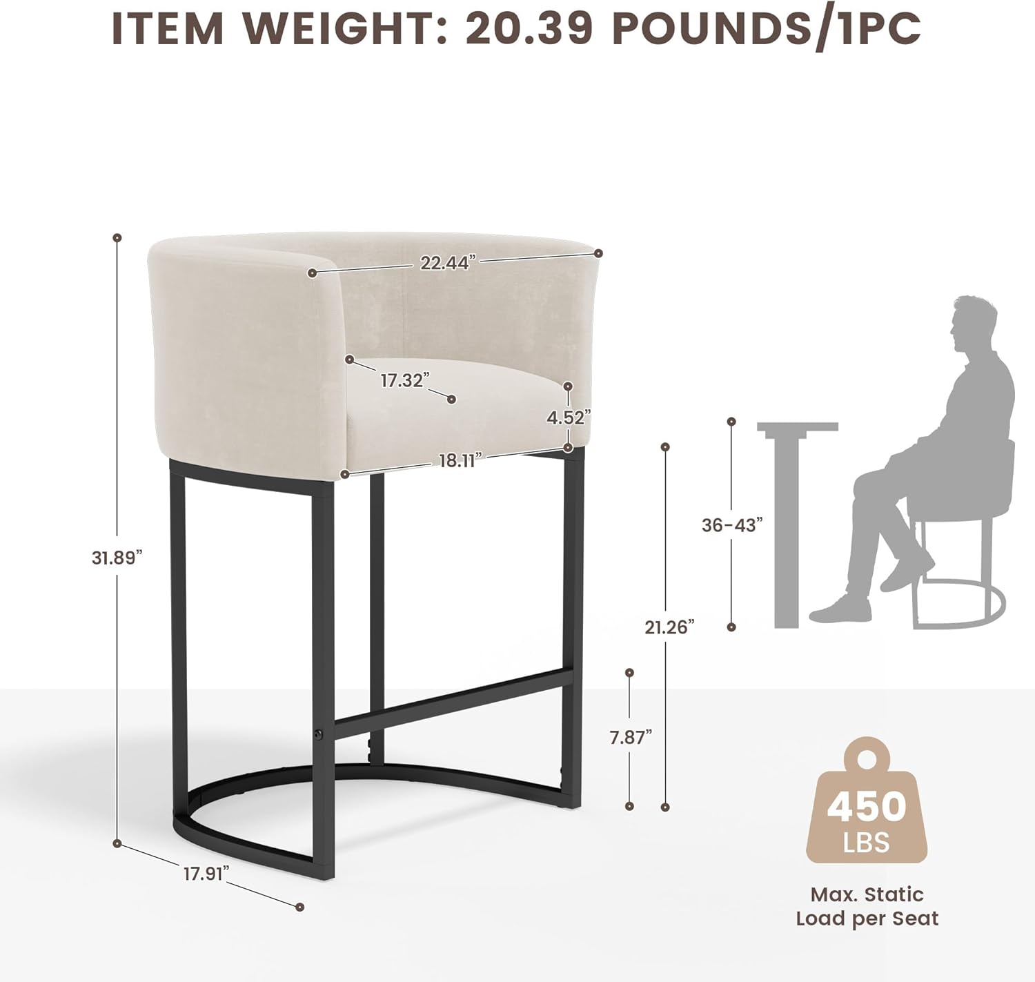 GRUSIGN Chenille Counter Height Bar Stools Set of 2, 26