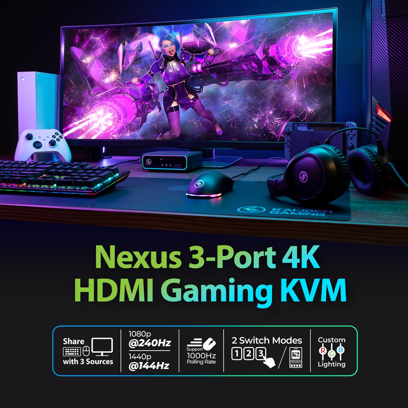 IOGEAR Nexus 3-Port 4K HDMI Gaming KVM Switch – Supports PS5/PS4, Xbox Series X|S, Nintendo Switch, PC – 1440p 144Hz, 1080p 240Hz, USB 3.2 Hub, RGB, Keymander App — GCS1337