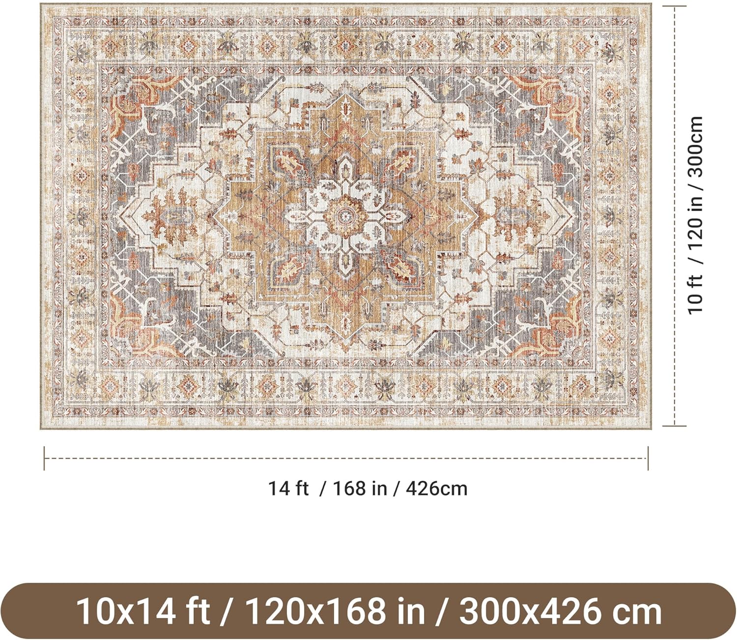 befbee 10x14 Area Rugs,Ultra-Thin Washable Rugs for Living Room,Non-Slip Lightweight Foldable Area Rug,Stain Resistant Vintage Large Rugs (Turmeric/Grey, 10'x14')