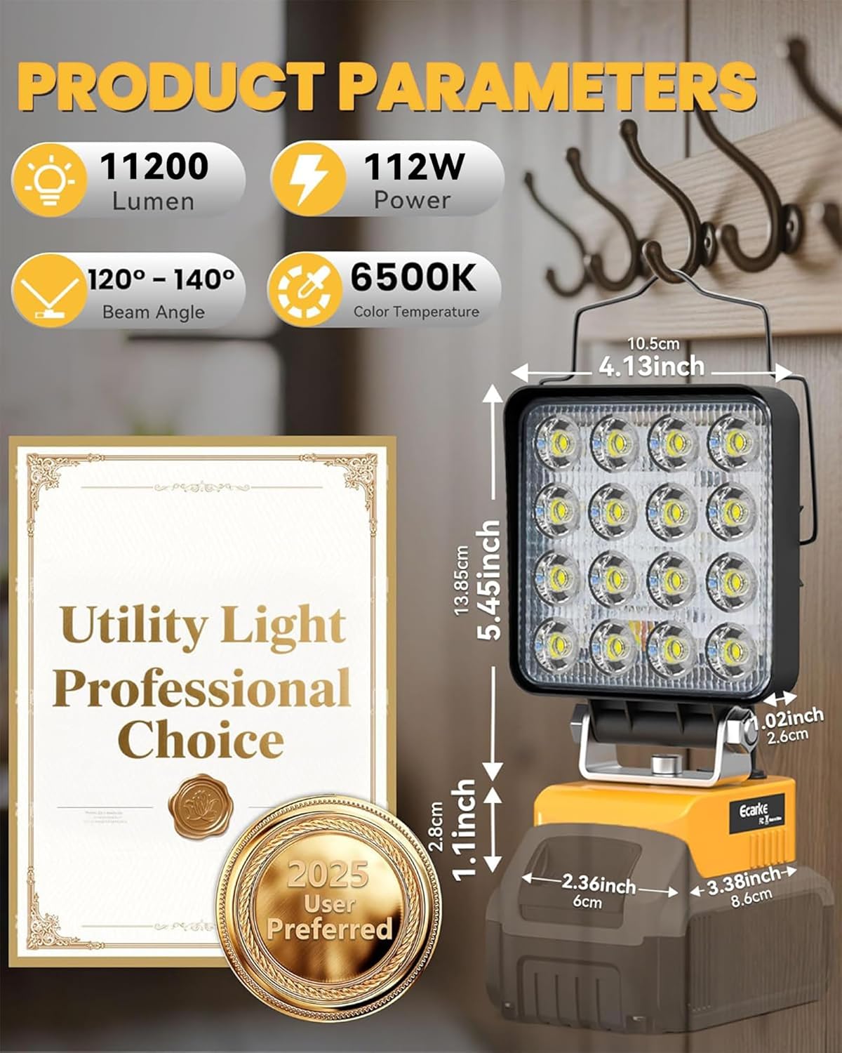 Ecarke 20V Cordless LED Work Light Compatible with DeWALT Batteries: 112W 11200LM Flashlight with Low Voltage Protection, 20V Tools Flood Light for Job Site, Construction Camping, Battery Not Included