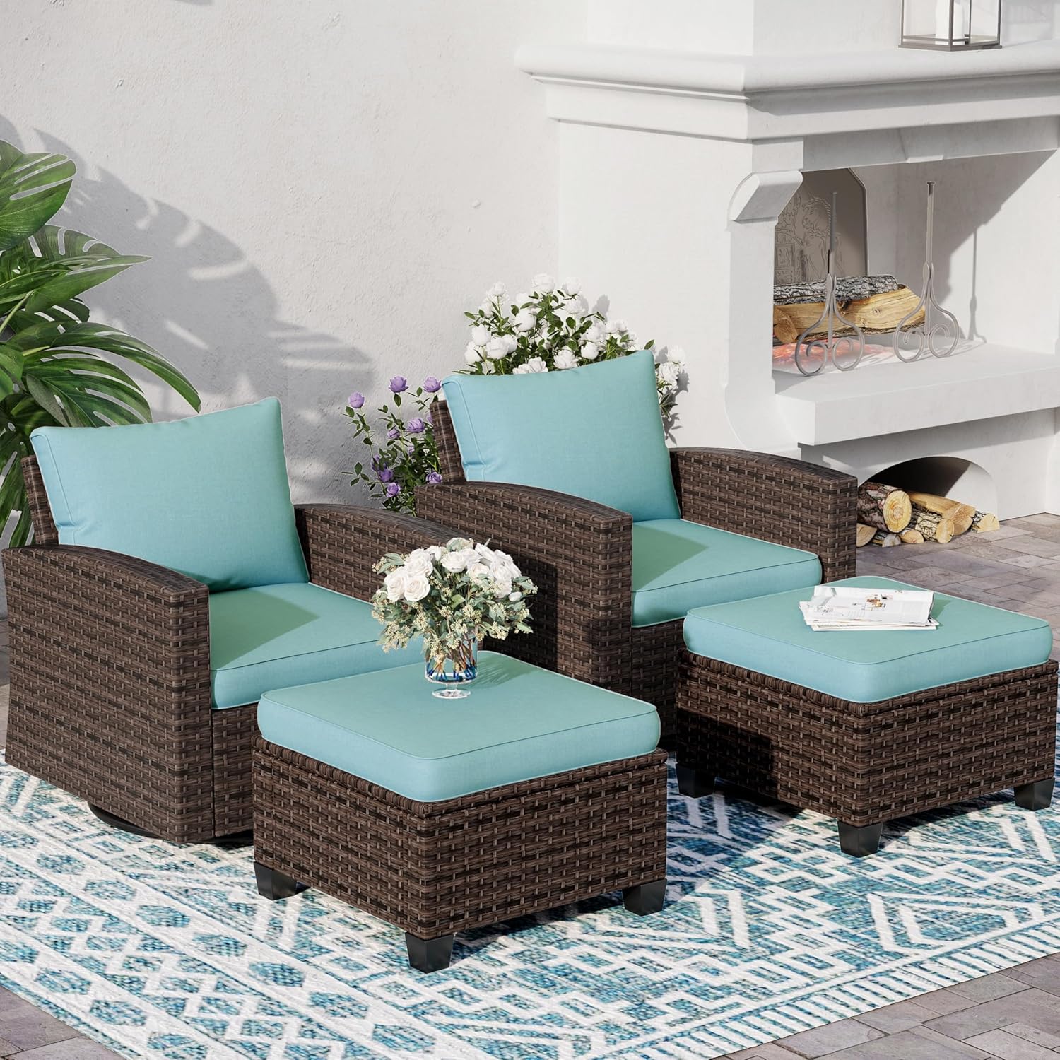 SUNSHINE VALLEY 4-Piece Patio Furniture Set with Swivel Chairs, Rattan Wicker Outdoor Furniture with 2 Swivel Glider Chairs and 2 Ottomans, Outdoor Lounge for Small Patio, All-Weather Design, Blue