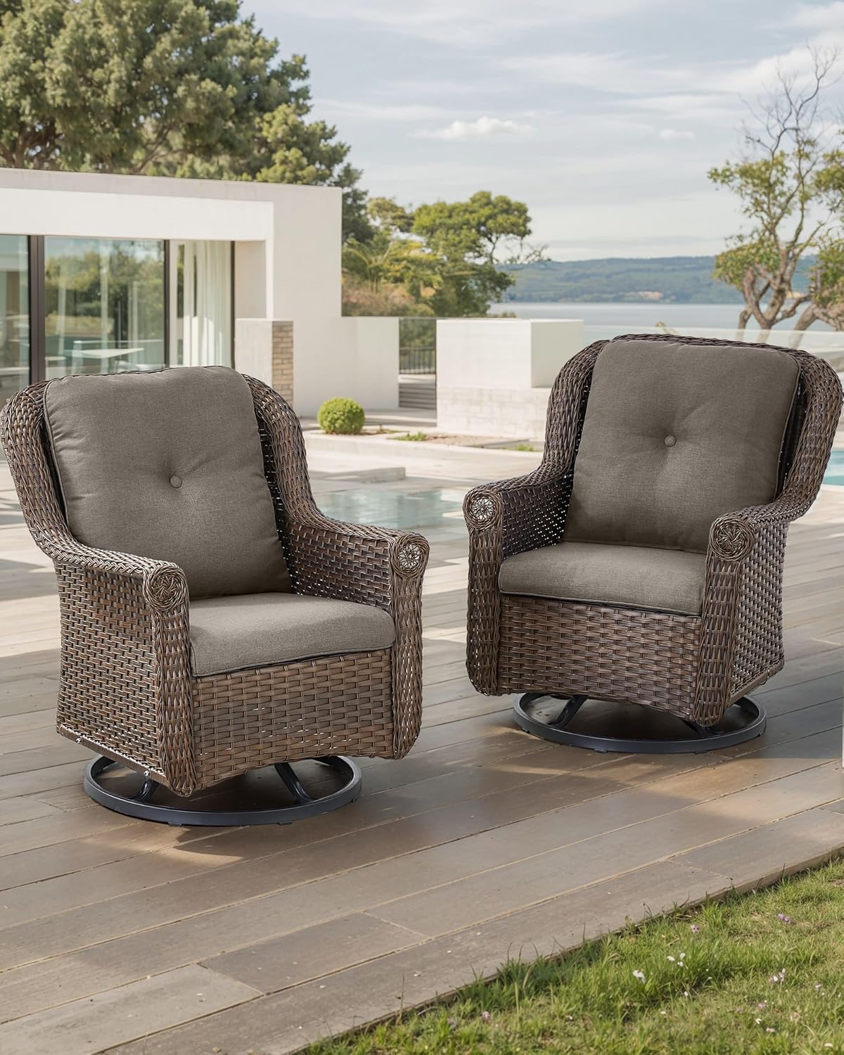 Patio Chairs Outdoor Swivel Glider - Set of 2 High Back Outside Brown Wicker Rattan Rocking Chair with Zippered Cushion for Porch Apartment Deck Yard Poolside Garden - Grey