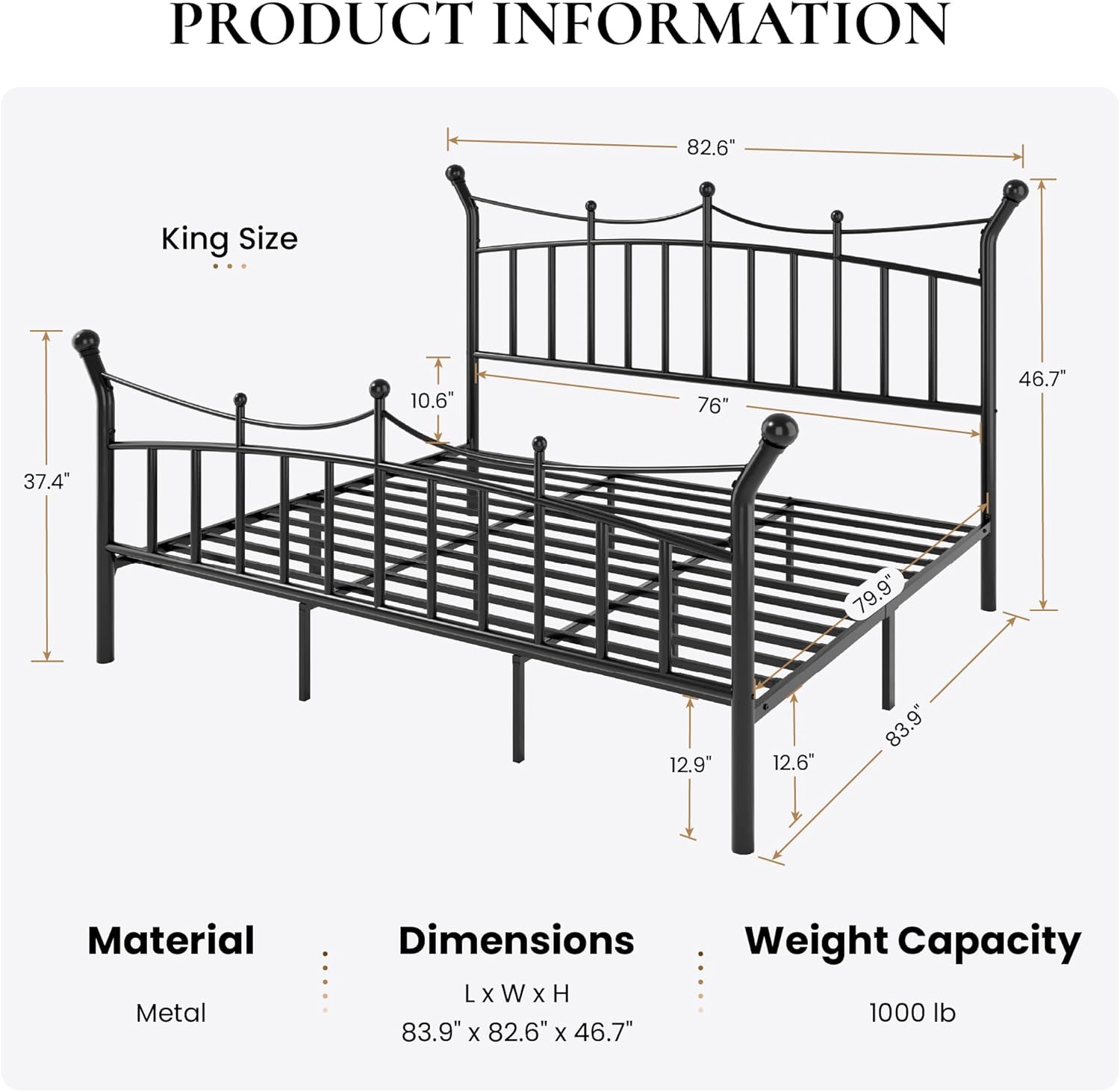SHA CERLIN 14 Inches King Size Metal Platform Bed Frame with Crown Style Victorian Headboard & Footboard, Ample Under Bed Storage, Noise Free, Easy Assembly, No Box Spring Needed, Black