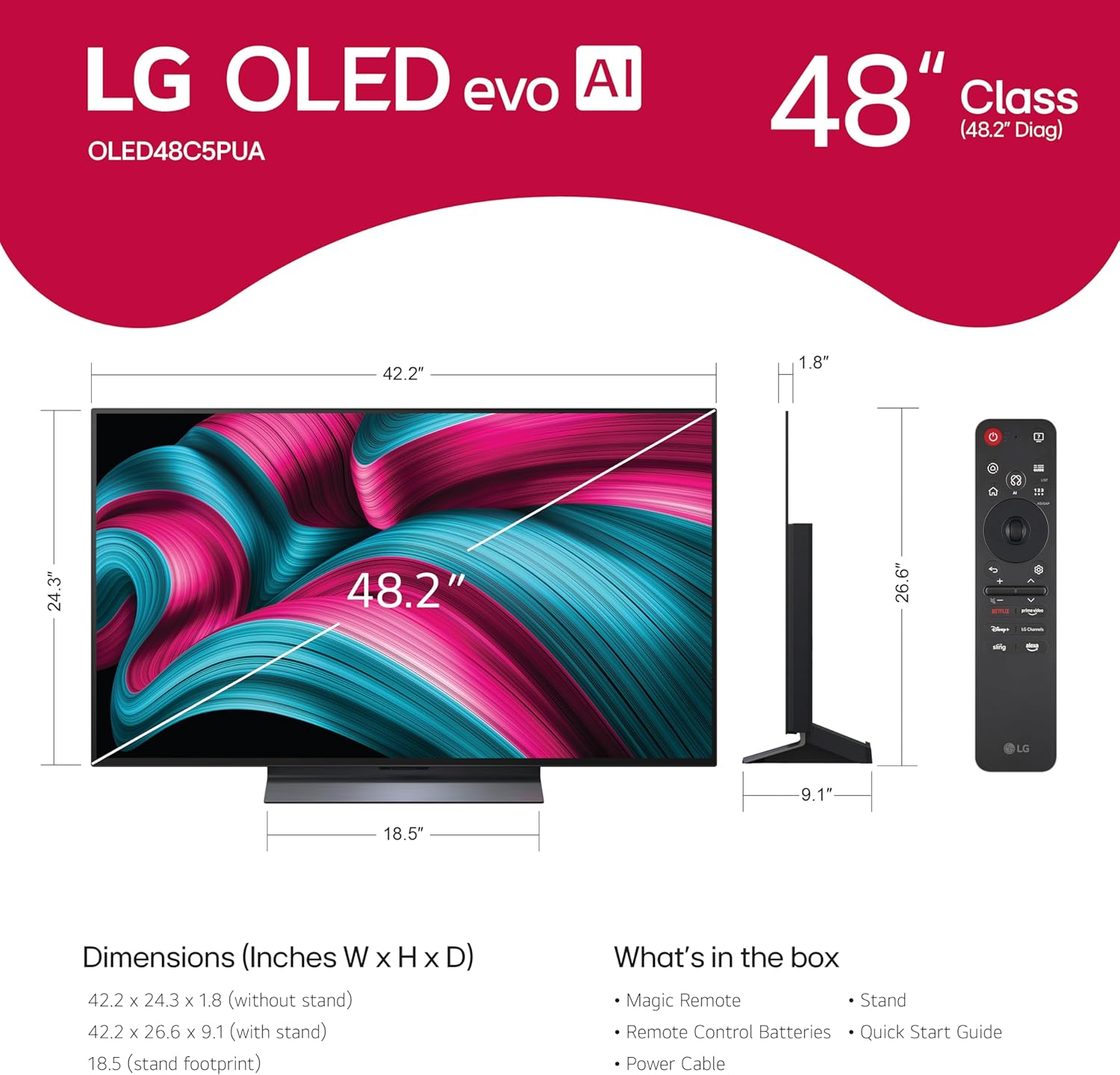 LG 48-Inch Class OLED evo AI Super Upscaling 4K C5 Series Smart TV w/Dolby Atmos & Vision, HDR10, Filmmaker Mode, Wow Orchestra, Alexa Built-in (OLED48C5PUA, 2025)