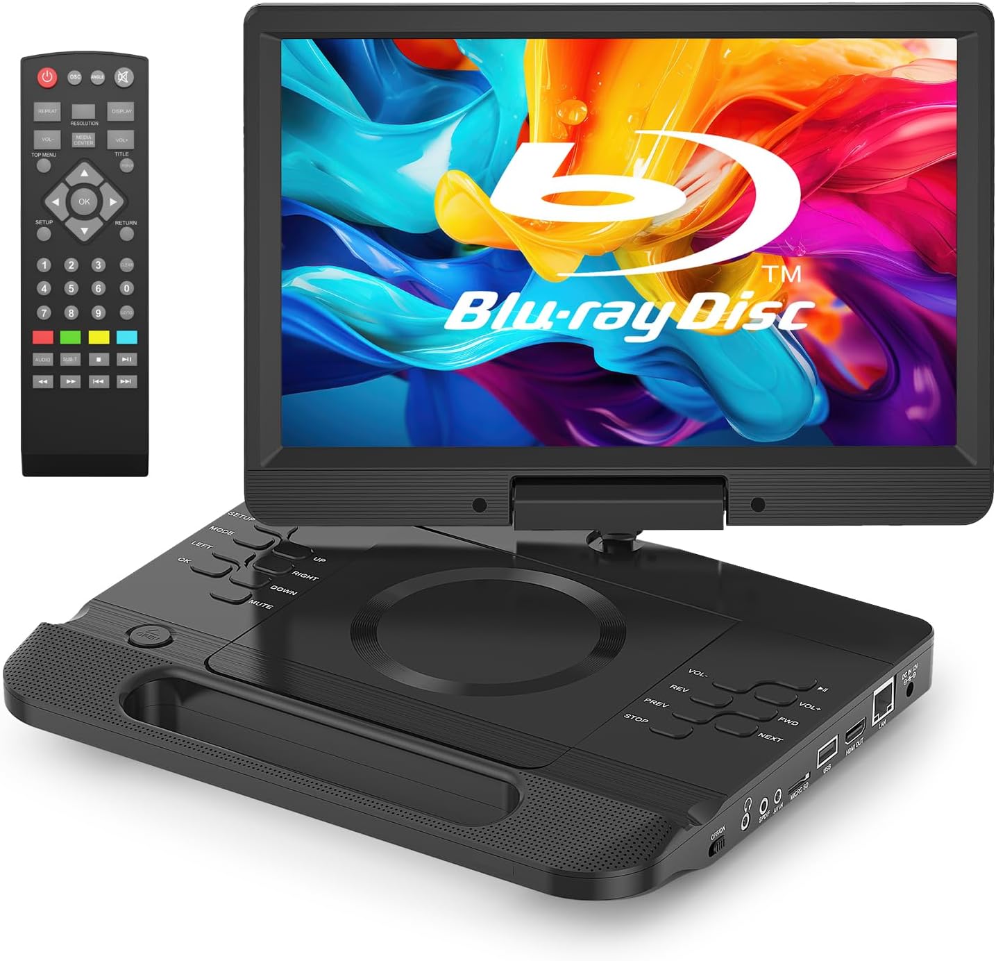 FANGOR 13.3'' Portable Blu Ray Player with 12'' 1080P Full HD Swivel Screen, Blu-ray DVD Player with HDMI Out & AV in, 4-5 Hours Rechargeable Battery, Support USB/Micro SD Card