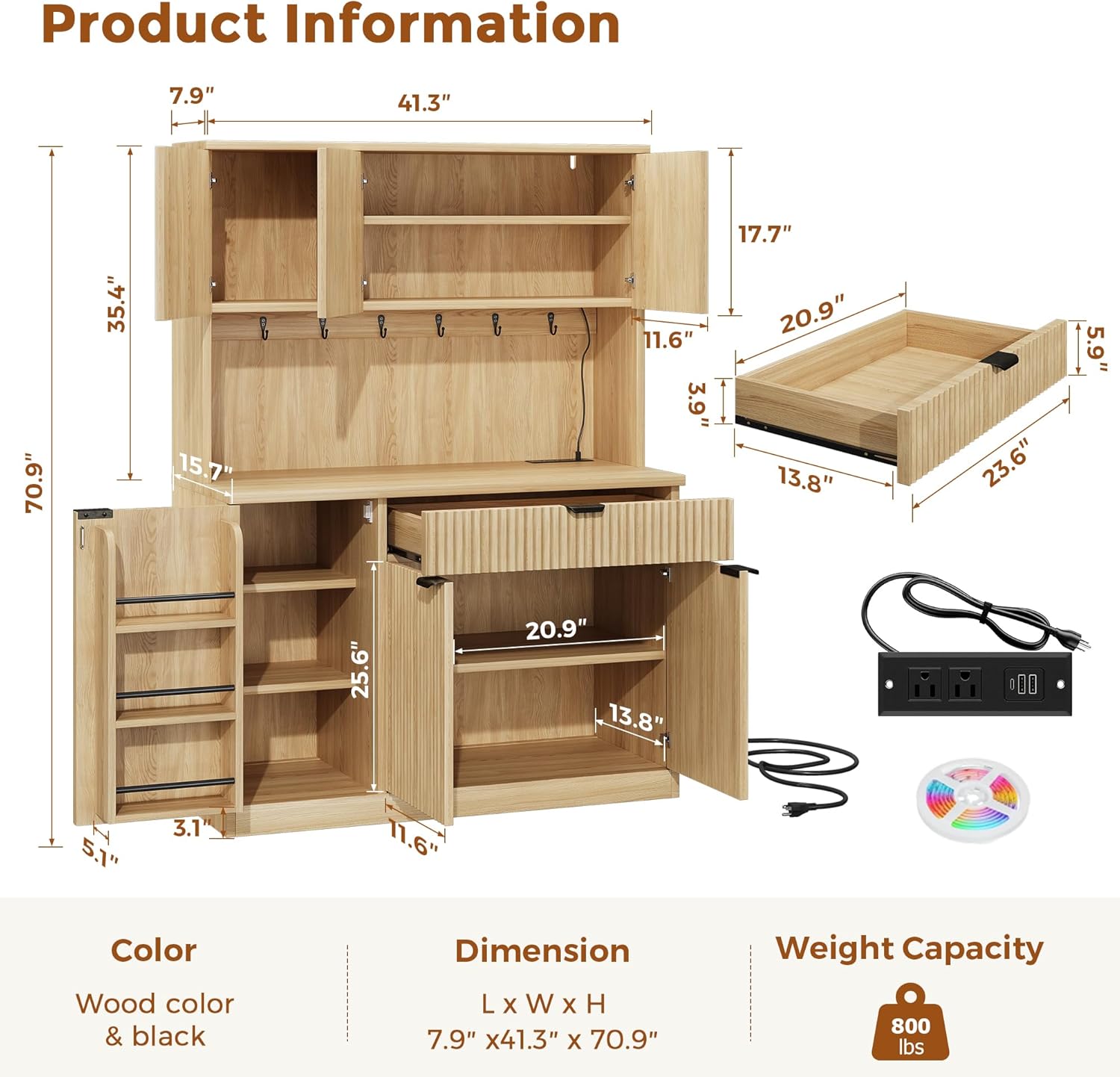 Jocoevol Fluted Kitchen Pantry Storage Cabinet with Charging Station/LED Light/Doors/Shelves, 71'' Tall Kitchen Food Hutch with Microwave Stand for Dining Room Living Room (Natural, 41 * 15.7 * 71)