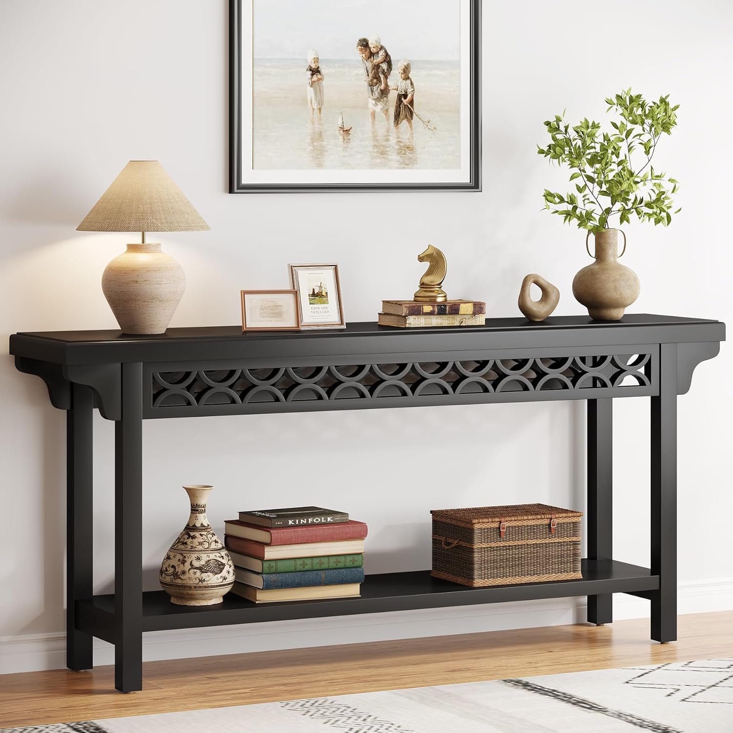 Tribesigns 70.8-Inch Solid Wood Long Console Table, Farmhouse Entryway Table with Storage, Narrow Sofa Table Grey Couch Table for Living Room Entryway Hallway (Black)
