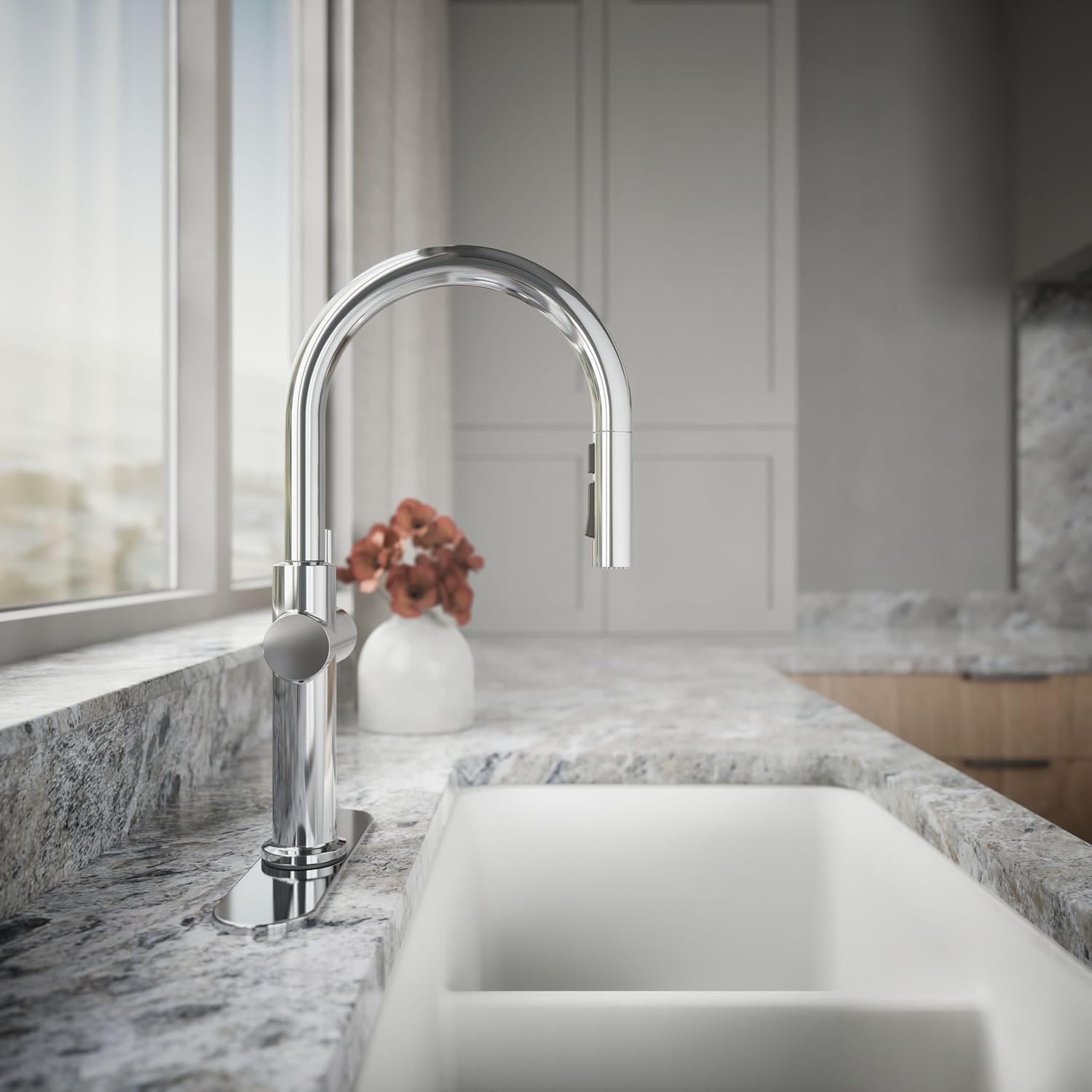 KOHLER 22972-CP Crue Pull Down Kitchen Faucet, Pull-Down Sprayer with Multi Function Spray Head, Polished Chrome