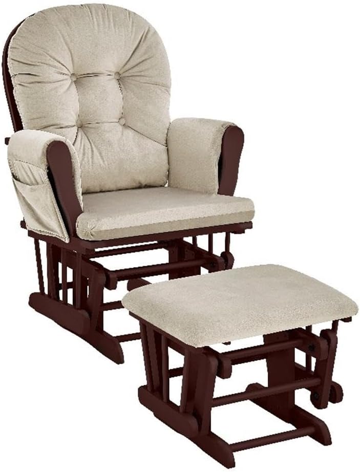 Pemberly Row Wood and Fabric Glider and Ottoman, Espresso Finish with Beige Cushions, 38