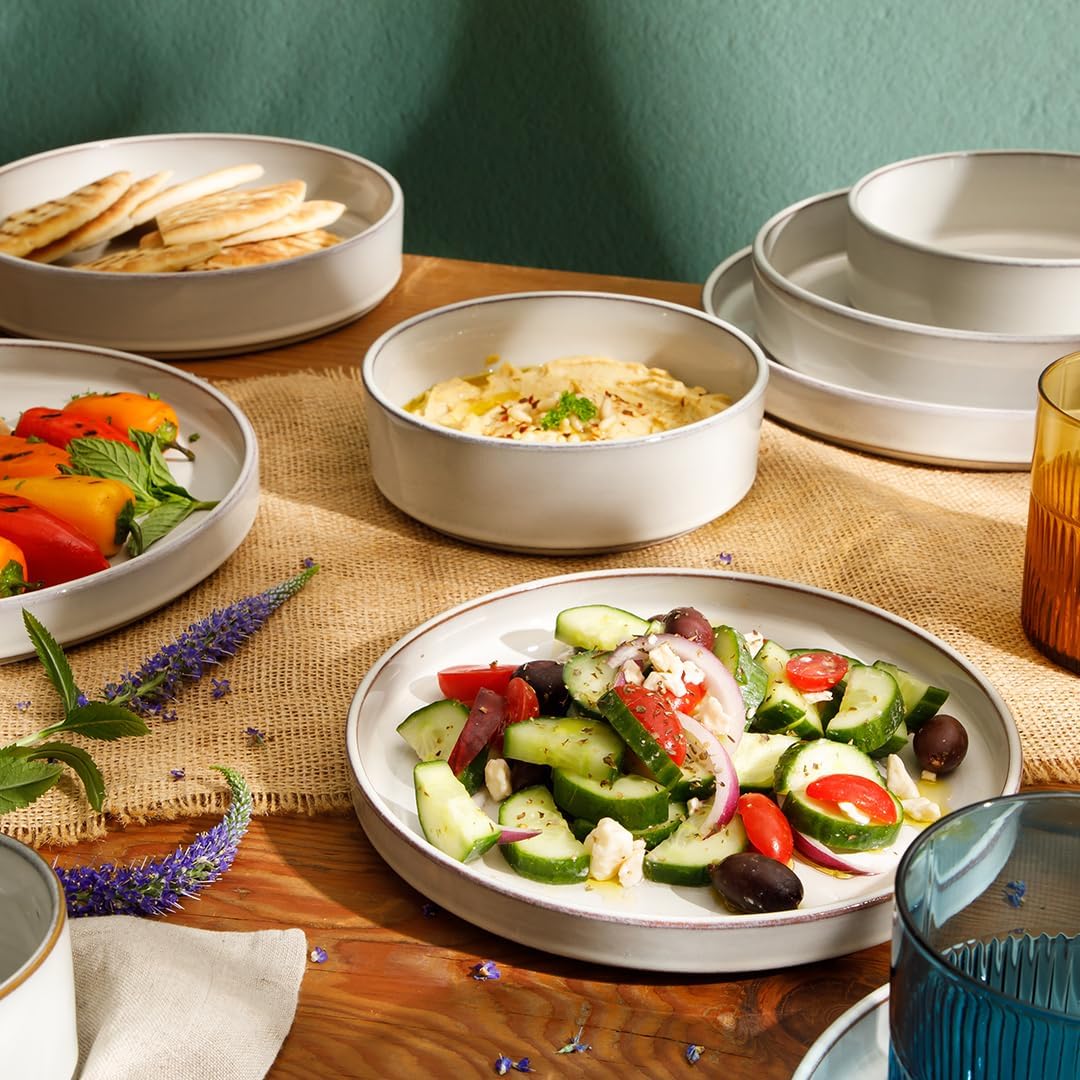 Bloomhouse - Two Time Oprah's Favorite Things Winner - Santorini Mist Double Bowl Terracotta Reactive Glaze Plates and Bowls Dinnerware Set - Moonstone White, Service for Four (16pcs)