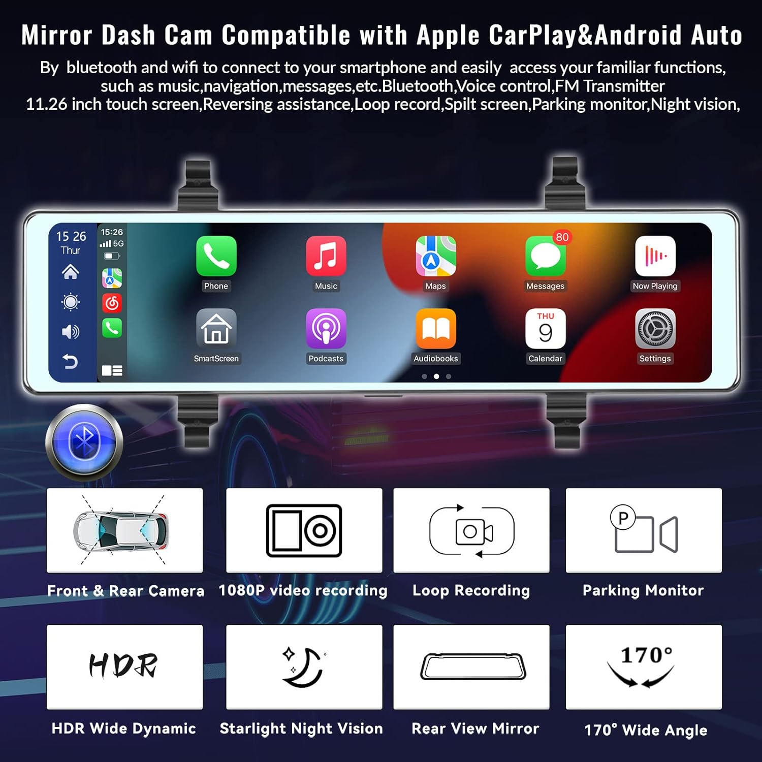 Mirror Dash Cam with Wireless Apple Carplay&Android Auto,11.26