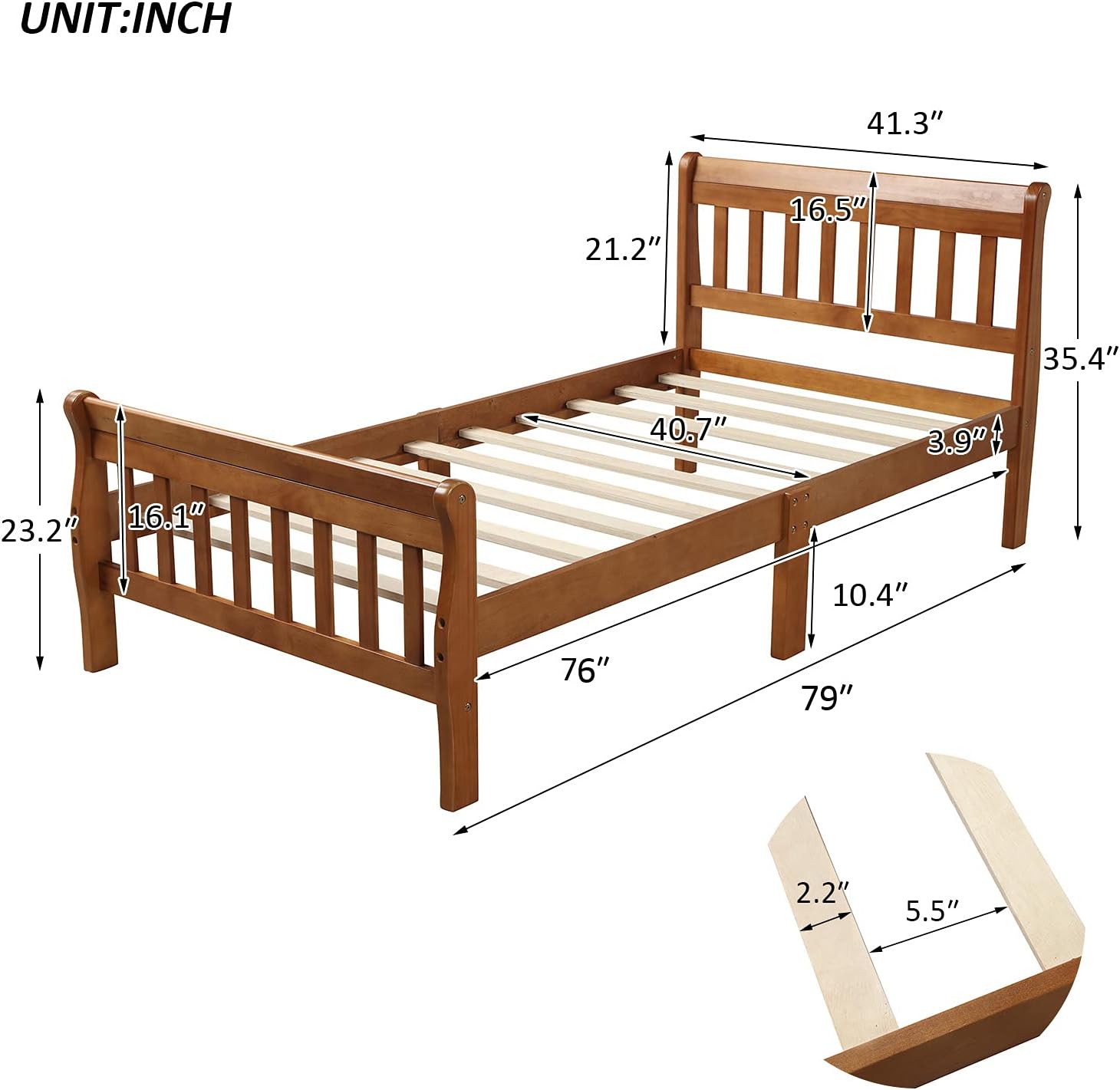 Merax Twin Platform Bed with Headboard and Footboard, Wood Twin Sleigh Bed Frame with Slat Supports for Girls Boys, No Box Spring Needed,Walnut
