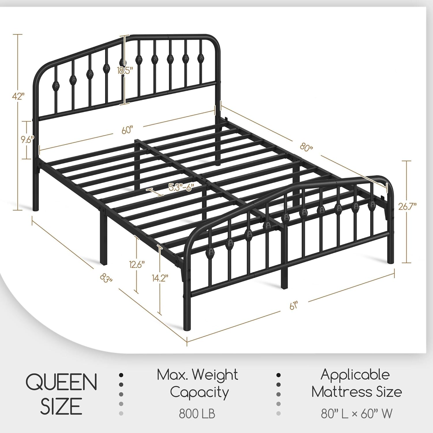 Yaheetech Queen Platform Bed Frame, Victorian Crown Headboard, 800lb Capacity, 12.6