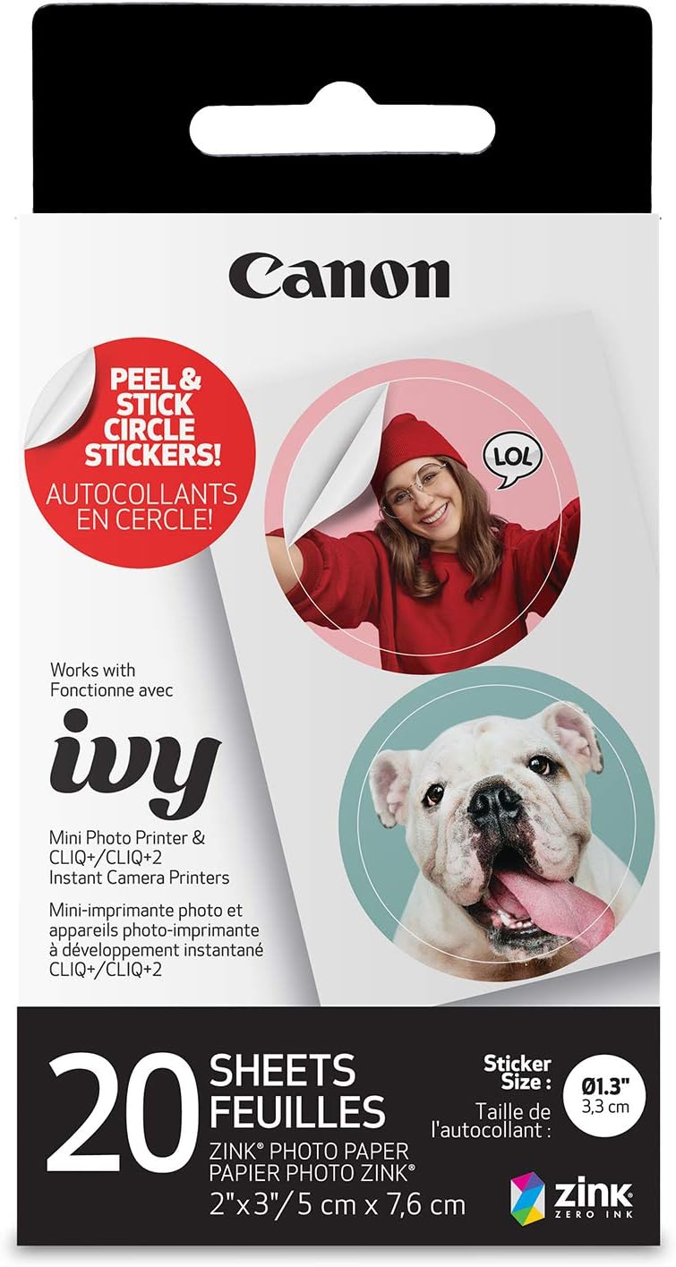 Canon Ivy 2 Mini Photo Printer, Print from Compatible iOS & Android Devices, Sticky-Back Prints, Blush Pink and Canon Zink Photo Paper Pack, 20 sheets, White, 2