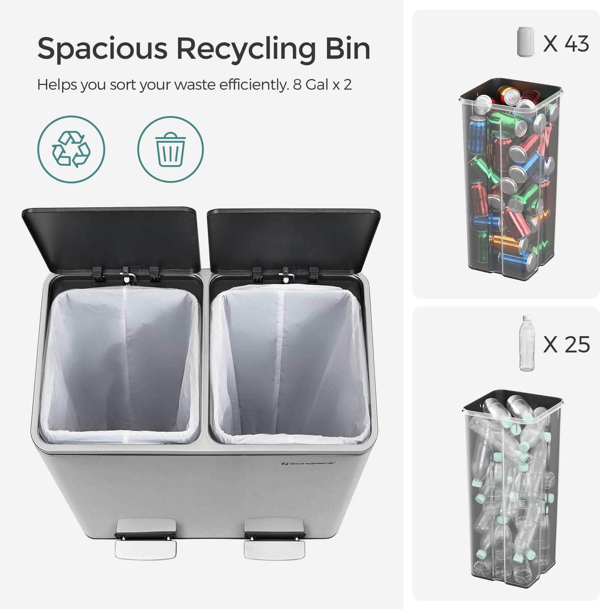 SONGMICS ULTB60NL Trash Can - 2x8 Gallon Kitchen Garbage Bin