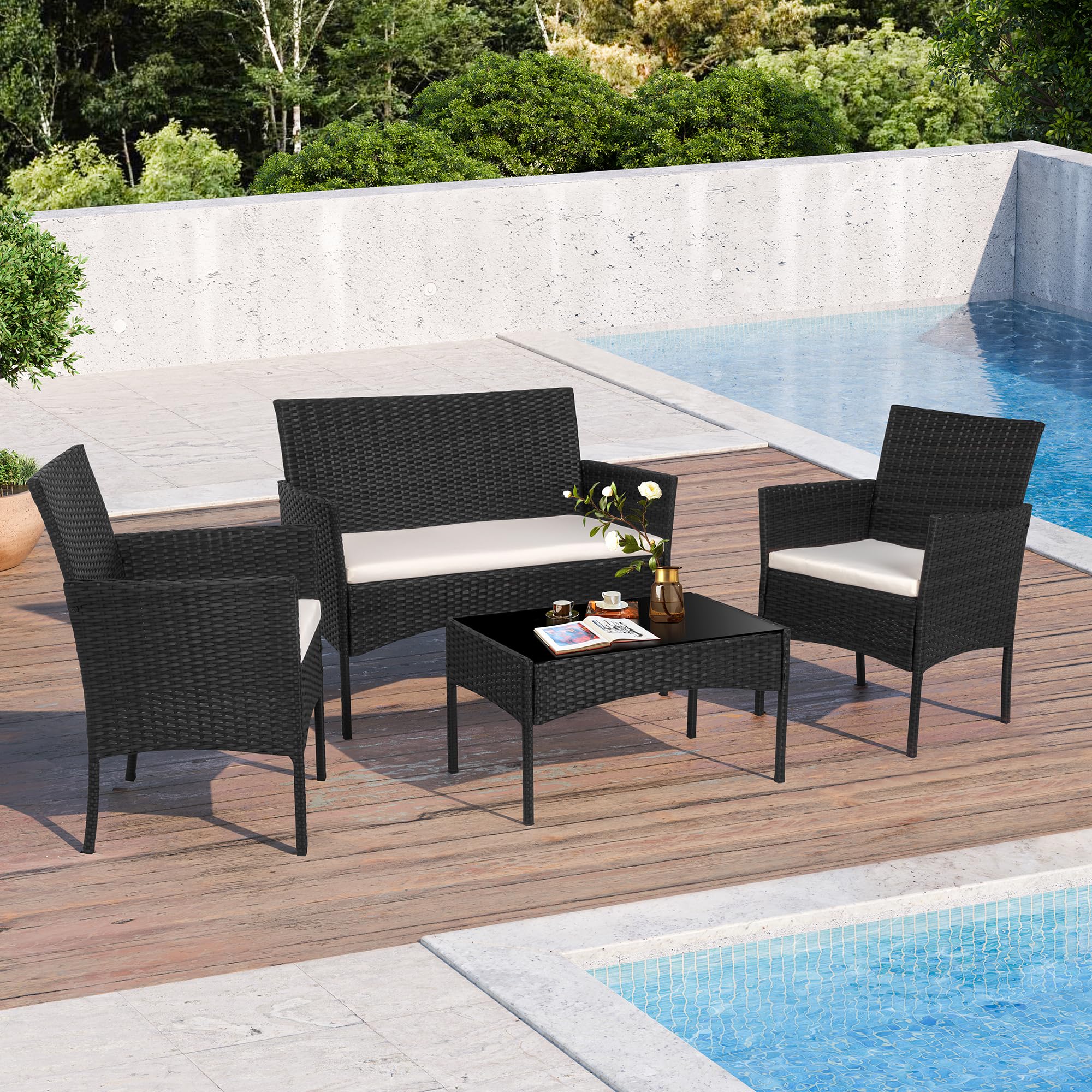 SHINTENCHI 4 Piece Wicker Patio Furniture Set with Glass Table