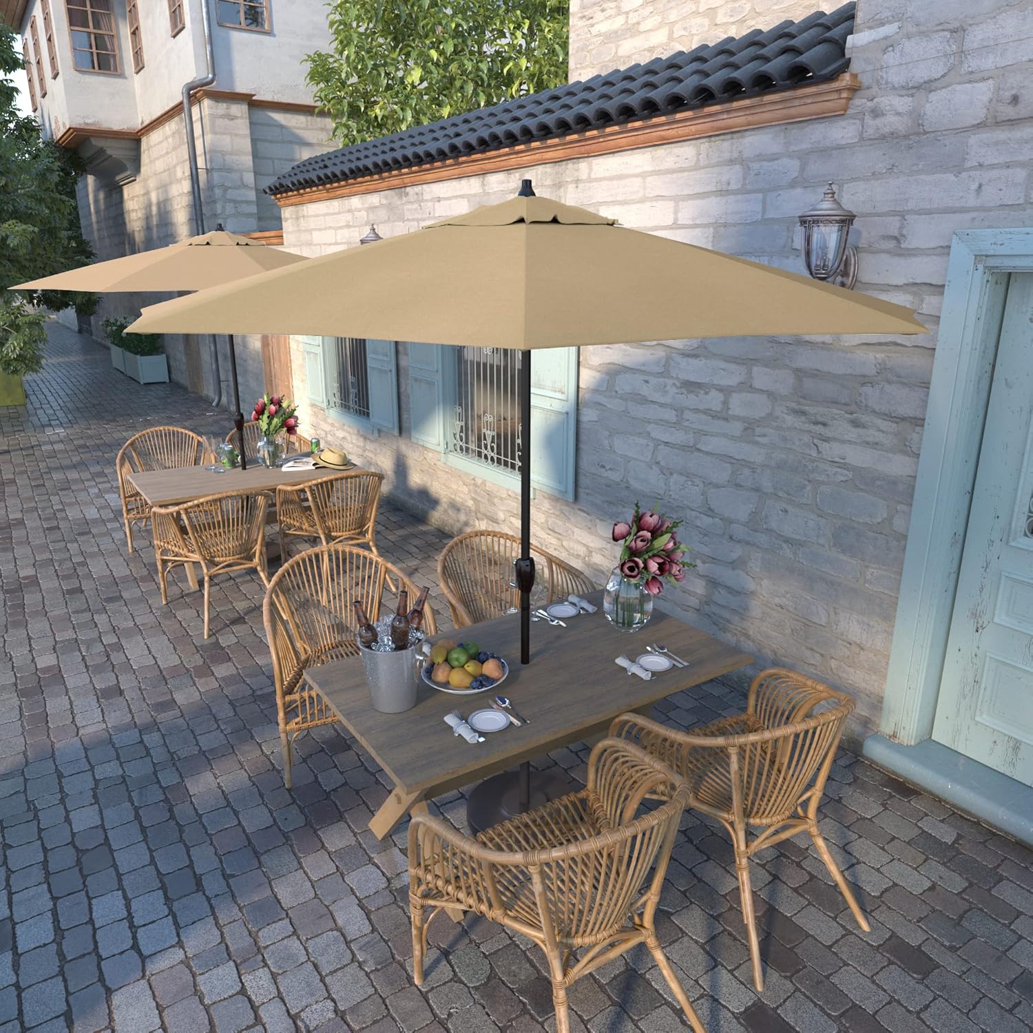 California Umbrella 12-Year Protection 9-Ft Outdoor Patio Umbrella, Sunbrella Fade-Resistant Acrylic Fabric, Auto Tilt and Crank, Heavy-Duty Aluminum Frame/ Reinforced Ribs, Bronze Pole, Antique Beige