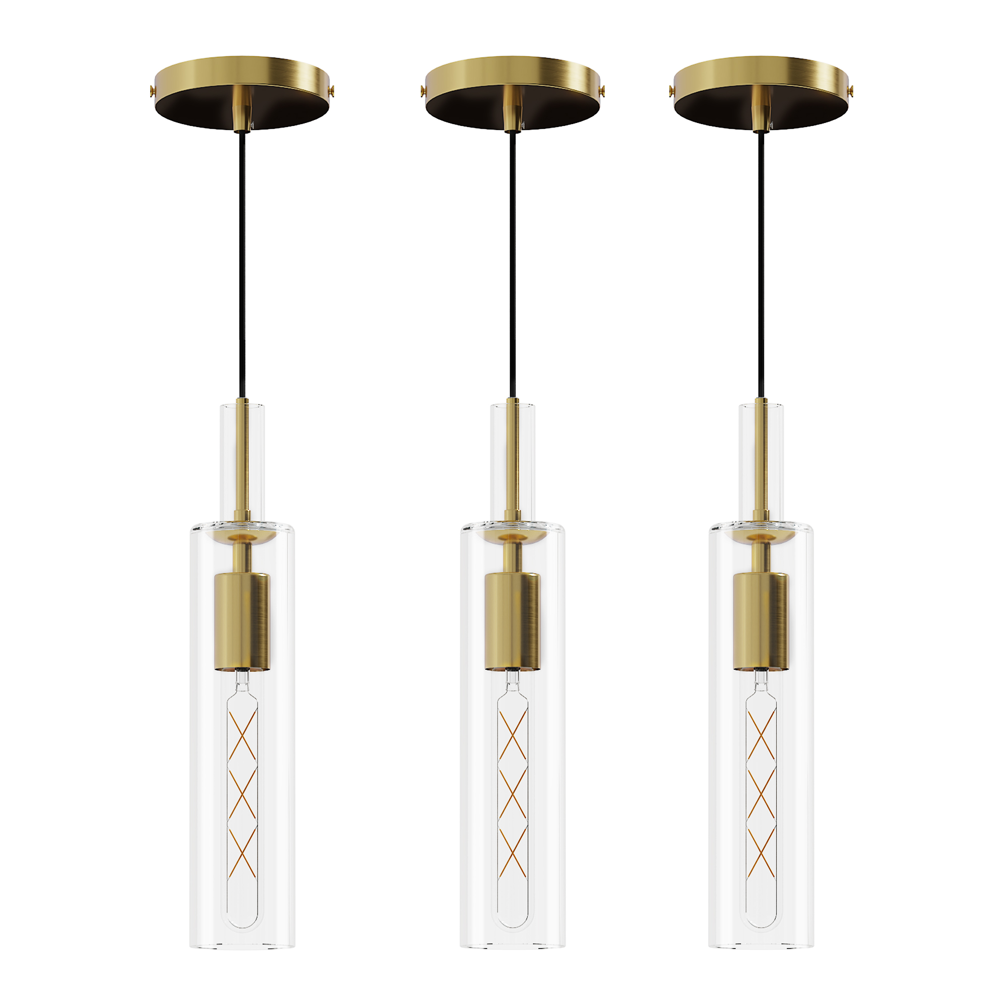 Gold pendant light set of 3 with clear striped glass shades and brushed gold metal

Close-up of hand-blown clear striped glass shade detail

Brushed gold metal finish base detail

59-inch adjustable suspension cord display

Pendants installed above kitchen island

Lights used above dining table setting

Single pendant dimensions 2.80