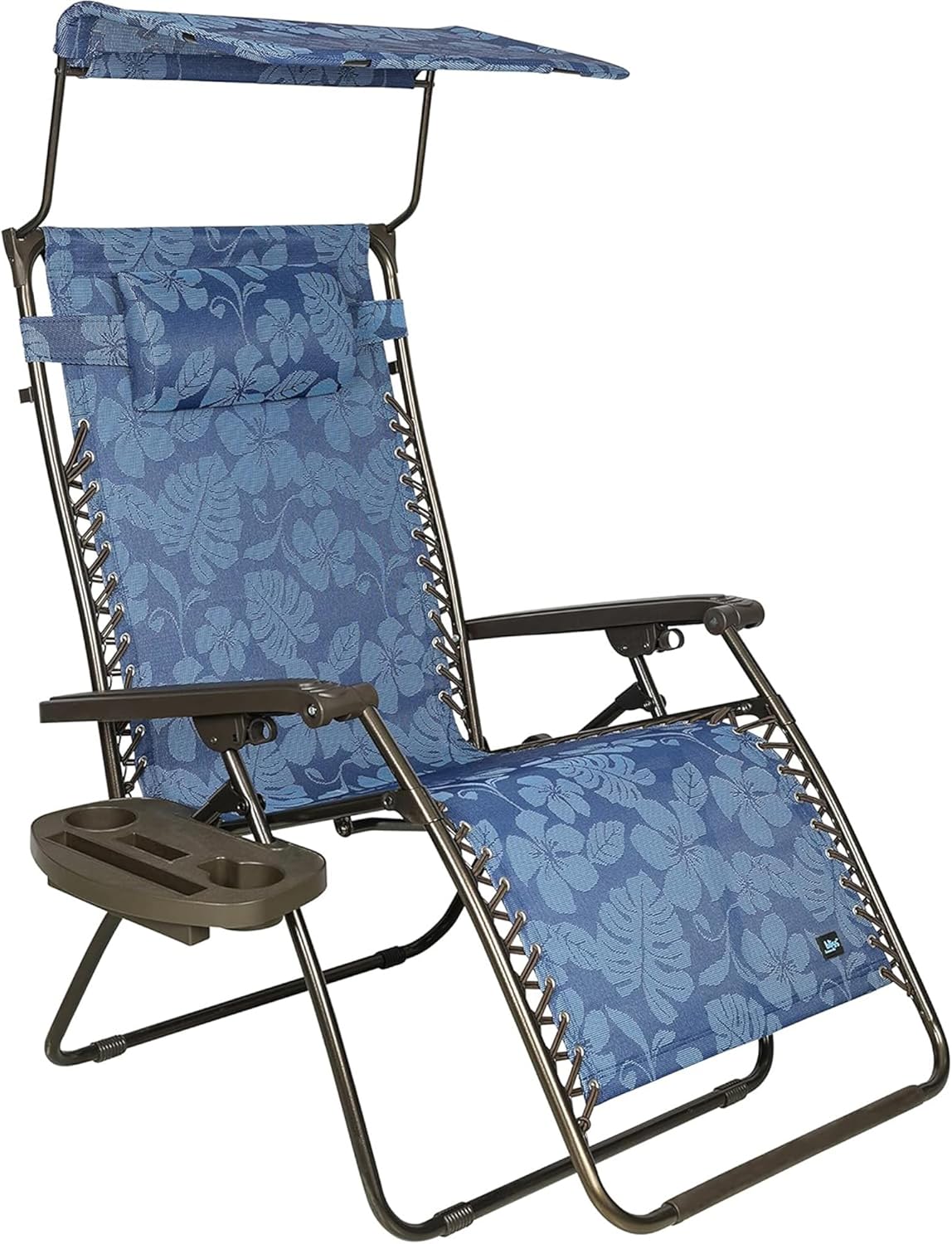 Bliss Hammocks GFC-465WBF Wide XL Zero Gravity w/Canopy, Pillow, & Drink Tray Folding Outdoor Lawn, Deck, Patio Adjustable Lounge Chair, Weather and Rust Resistant, 30-Inch, Blue Flowers