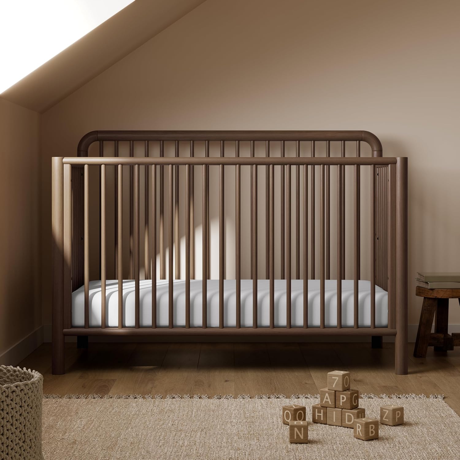 Storkcraft Porto 5-in-1 Convertible Crib with Toddler Guardrail – GREENGUARD Gold Certified, Toddler Bed Conversion Kit Included, 100% Solid Wood, Fits Standard Baby Crib Mattress (Hazelnut)