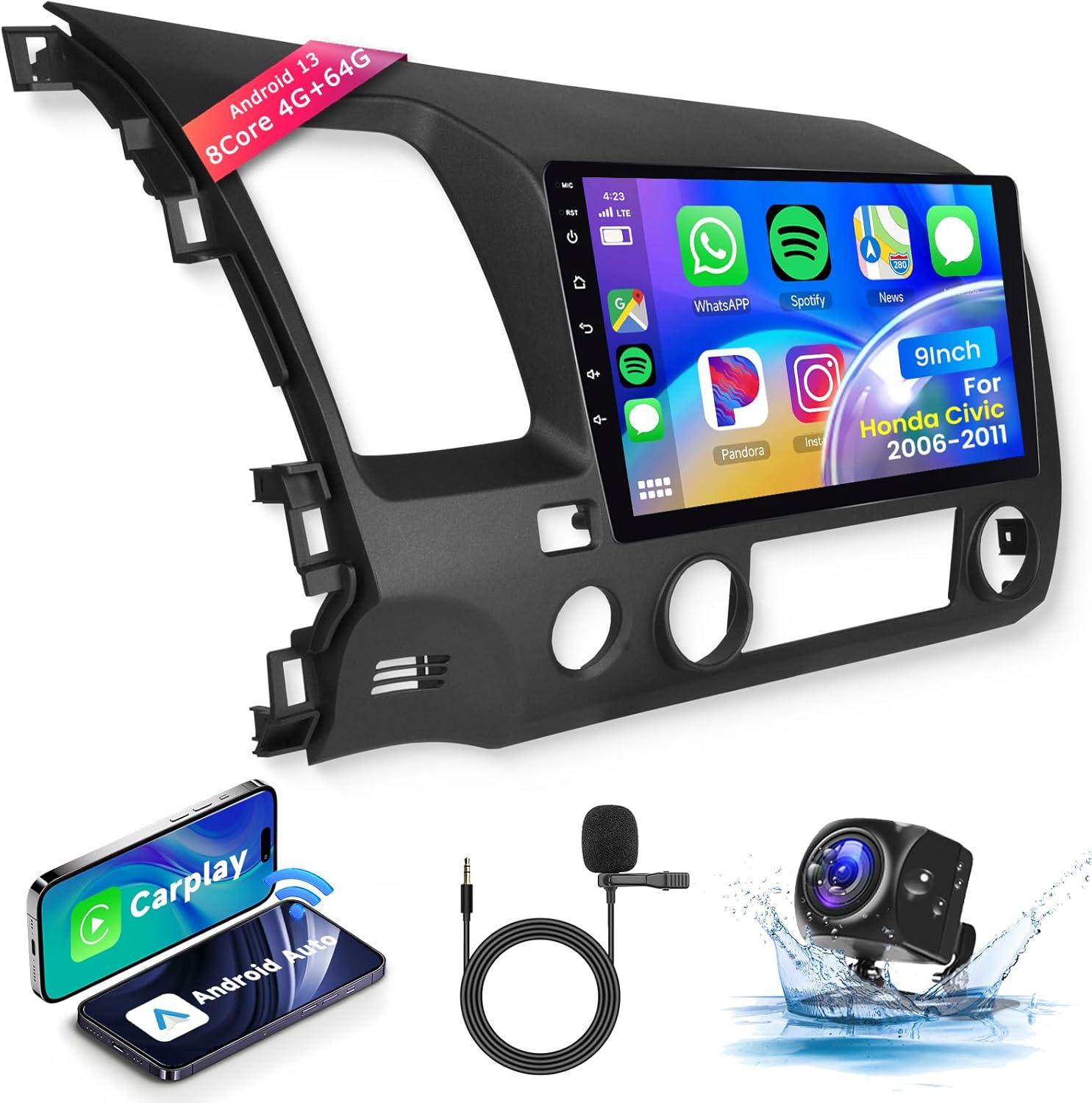 8Core4+64G Car Stereo for Honda Civic 2006-2011 Wireless CarPlay/Android Auto Android Radio with Qualcomm 9