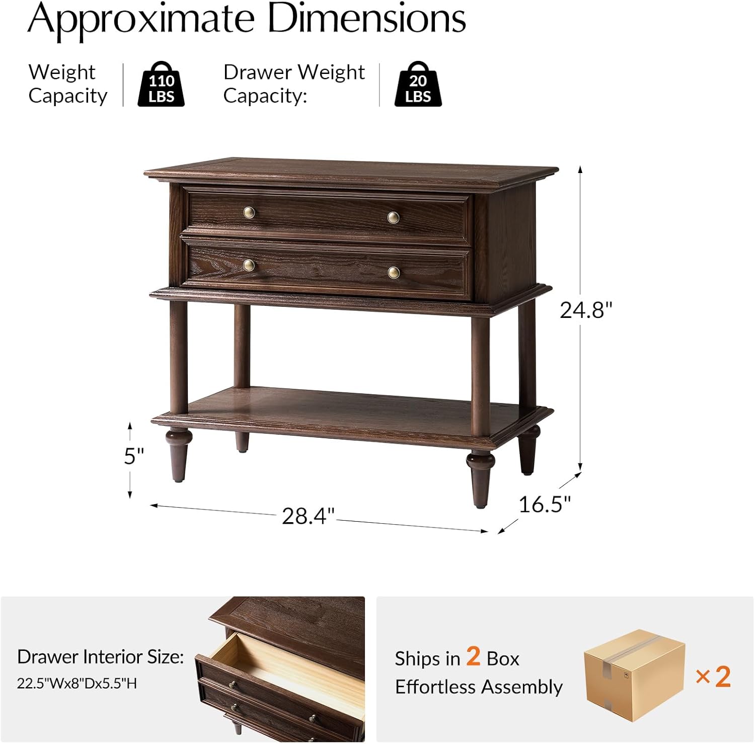 HULALA HOME Farmhouse Nightstand Set of 2 with Drawer & Open Shelf, Natural Wood End Table with Solid Wood Legs, 28.4'' Wide Sofa Side Table with Charging Station(Walnut)