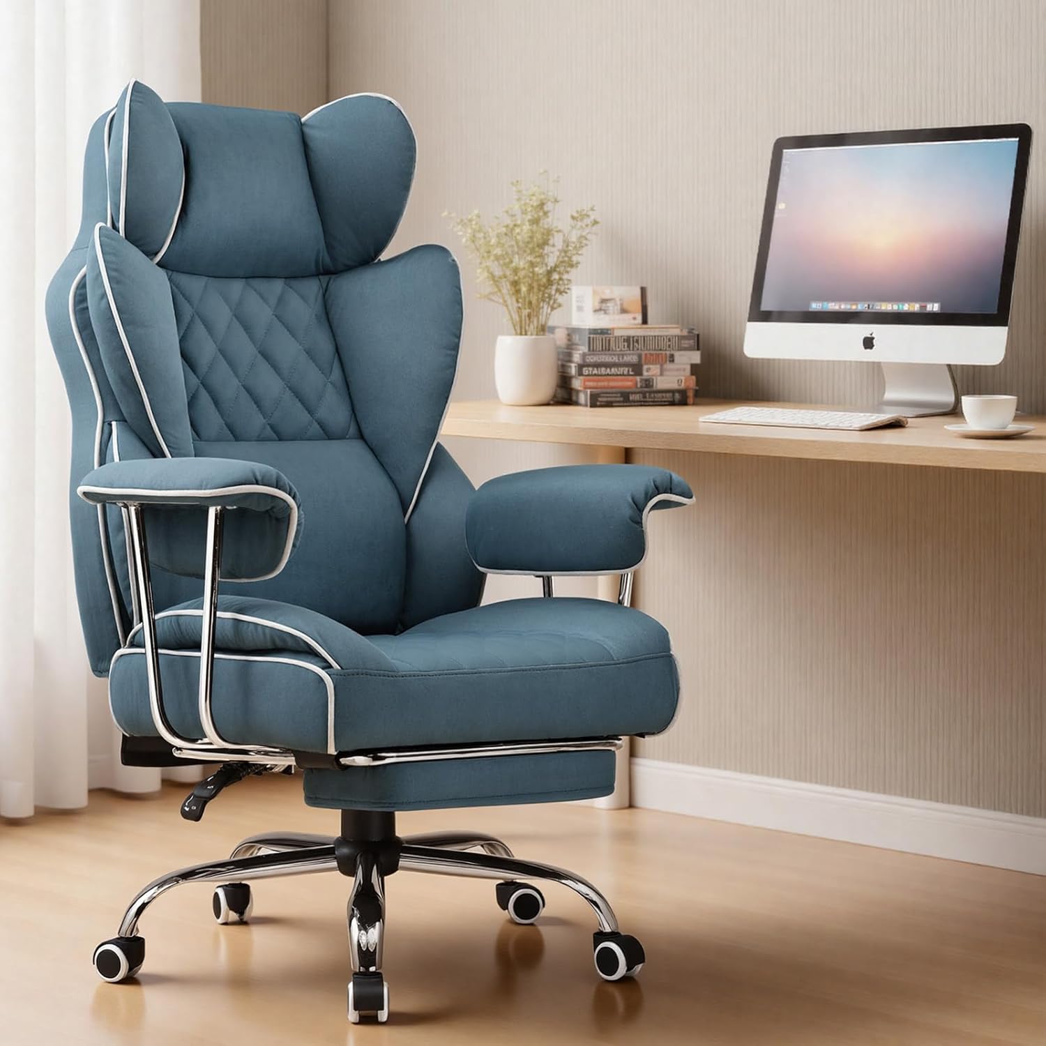 COMHOMA Big and Tall Gaming Chair with Pocket Spring Lumbar Support, Ergonomic Office Chair with Footrest, Executive Desk Chair with Outward Fixed Soft Armrests, Computer Chair with High Back, Blue