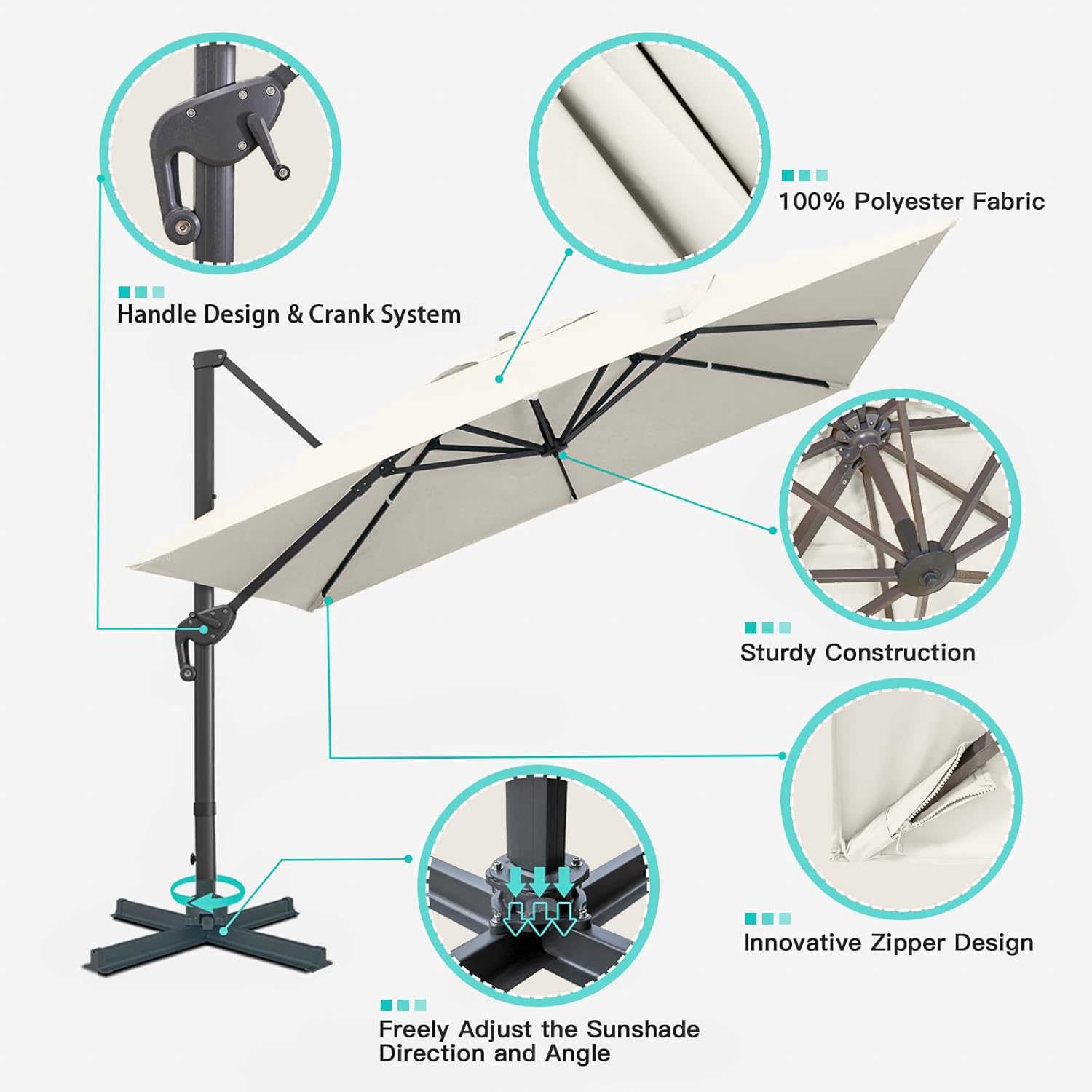 Sunnyglade 10x13Ft Cantilever Patio Umbrella Rectangular Deluxe Offset 360°Rotation & Integrated Tilting System Hanging Umbrella for Market Garden Deck Pool Backyard Patio (Beige, 10 x 13 ft)