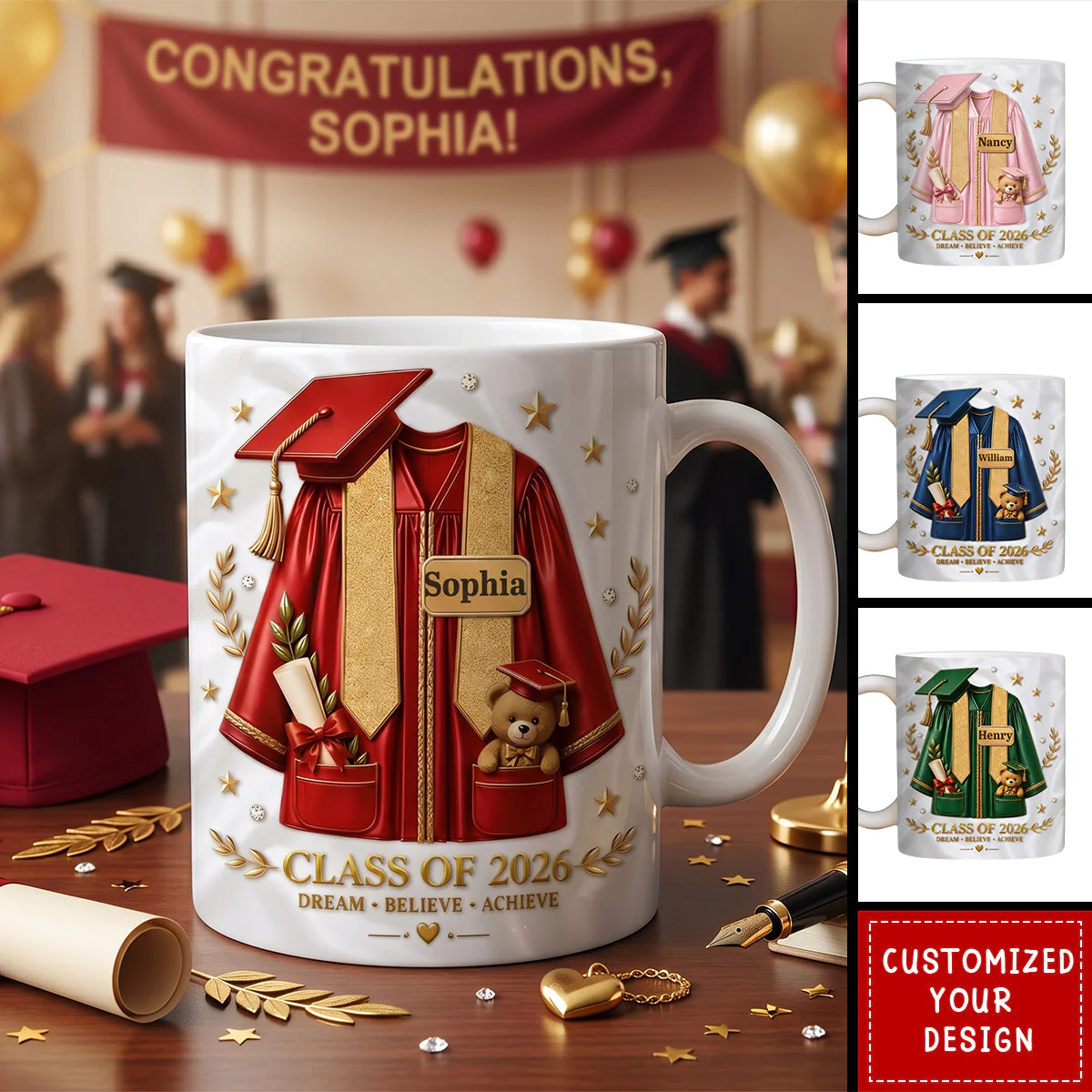 Custom 3D Inflated Effect Printed Mug - Personalized Graduation Gifts For Him, Her
