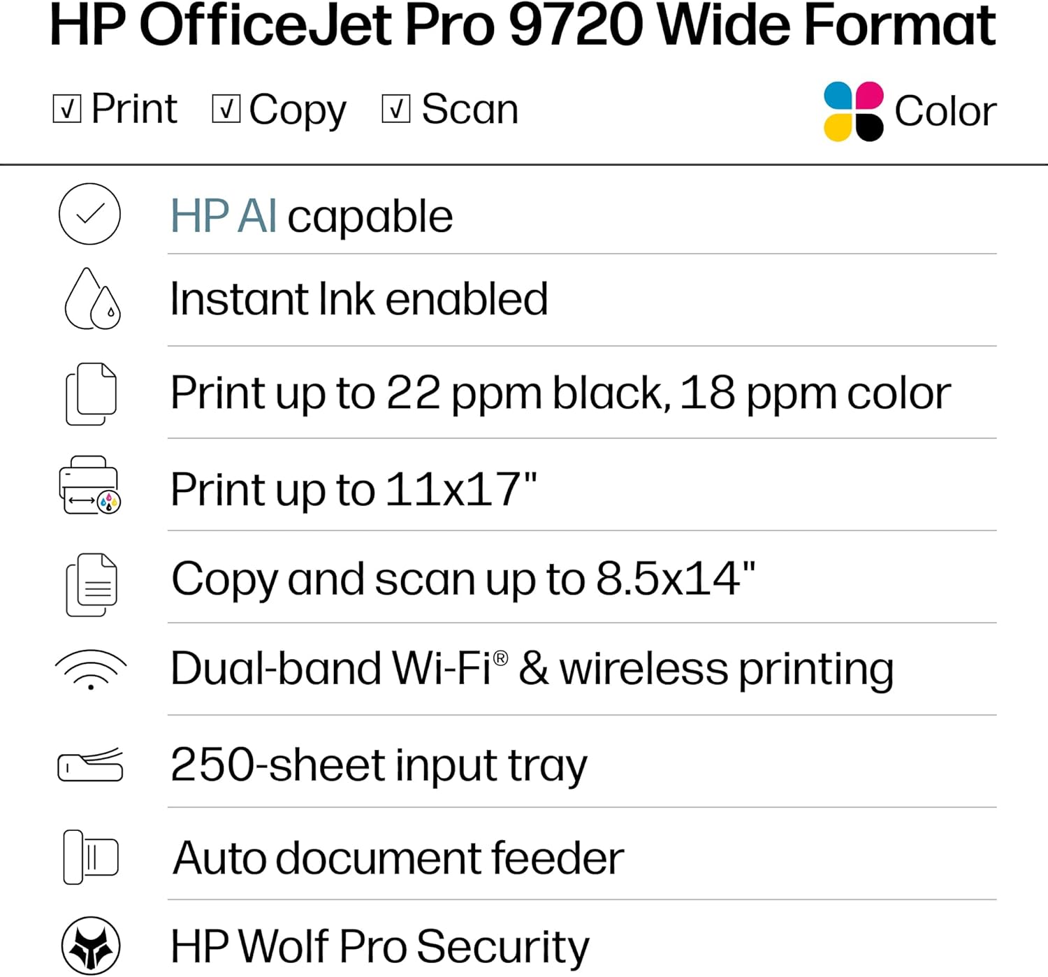 HP OfficeJet Pro 9720 Wide-Format Wireless All-in-One Color Inkjet Printer, Print, scan, Copy, fax up to 11x17, ADF, Duplex Printing Best-for-Office, 3 Month Trial of Instant Ink Included (C2XF9A)