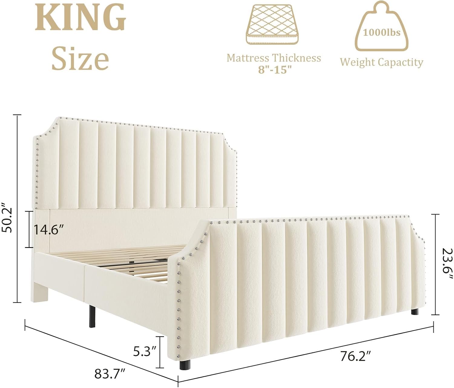 King Size Velvet Bed Frame, Vertical Channel Tufted 50.2