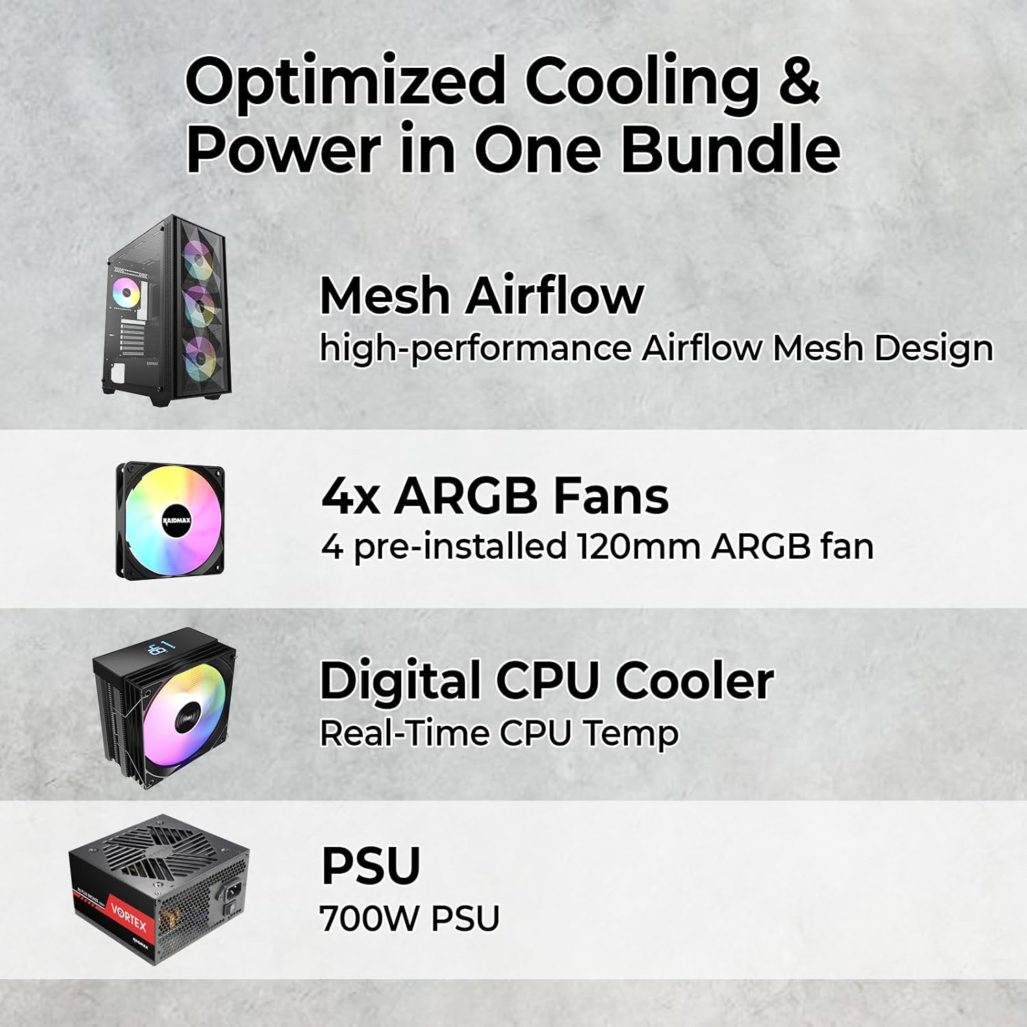RAIDMAX V ARGB ATX Mid Tower Gaming Bundle, Mesh High-Airflow Front Panel, 4X 120mm ARGB Fans, Tempered Glass Side Panel, Includes 700W PSU & Digital Temperature Display Air Cooler (V217BF Bundle)