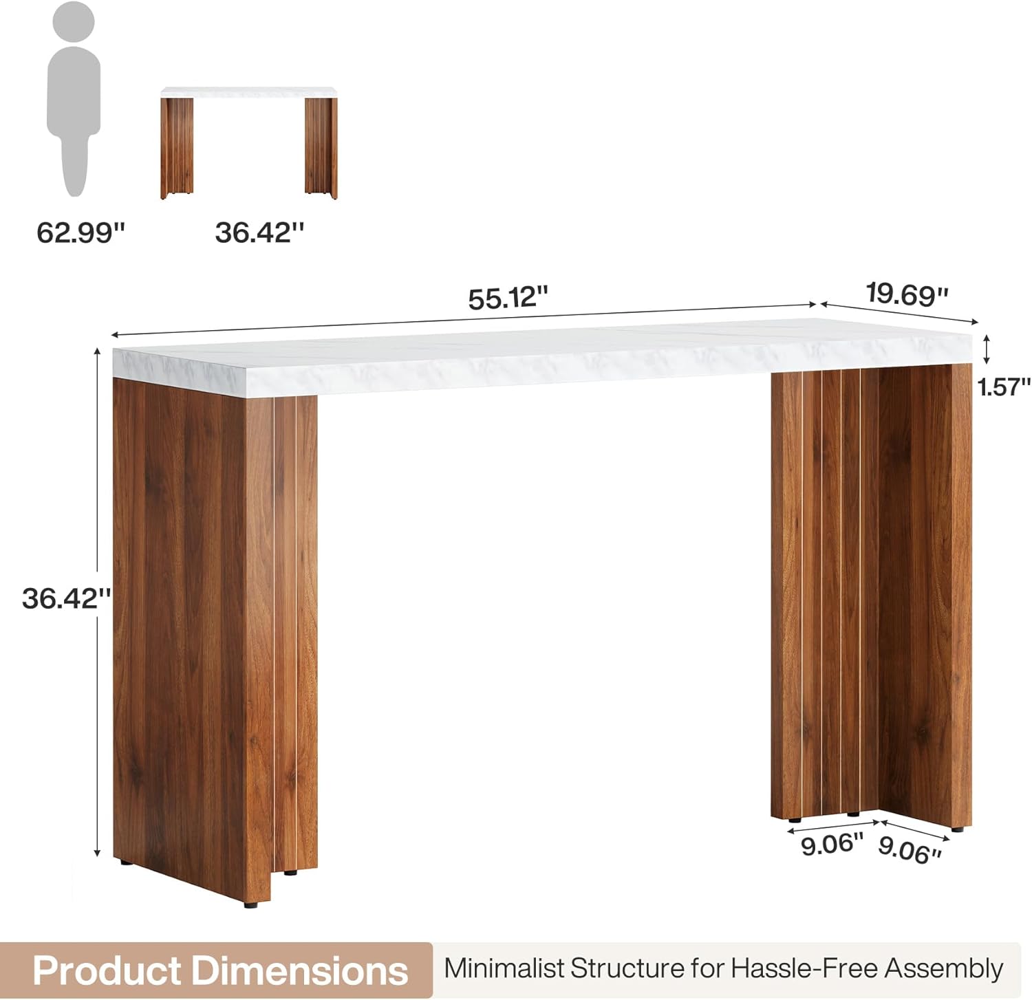 Tribesigns 55.12-Inch Bar Table, Modern Counter Height Pub Table with a Faux Marble Tabletop, Rectangular Home Coffee Bar Unit for Kitchen, Dining Room, Living Room, Balcony, Basement, Walnut & White