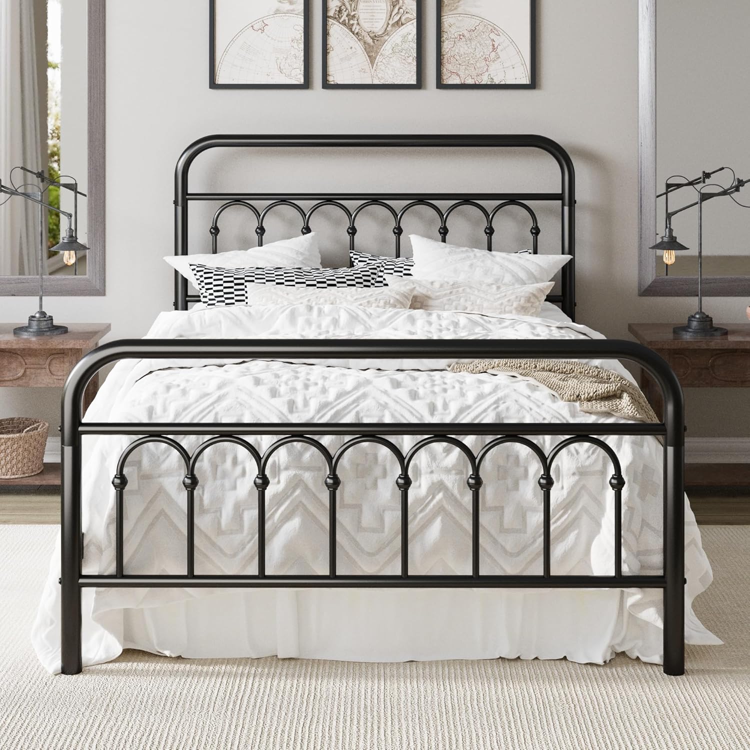 Allewie 14 Inches Full Size Metal Platform Bed Frame with Victorian Style Curved Iron-Art Headboard/Footboard, Metal Slats Support, Easy Assembly, Under Bed Storage, No Box Spring Required, Black