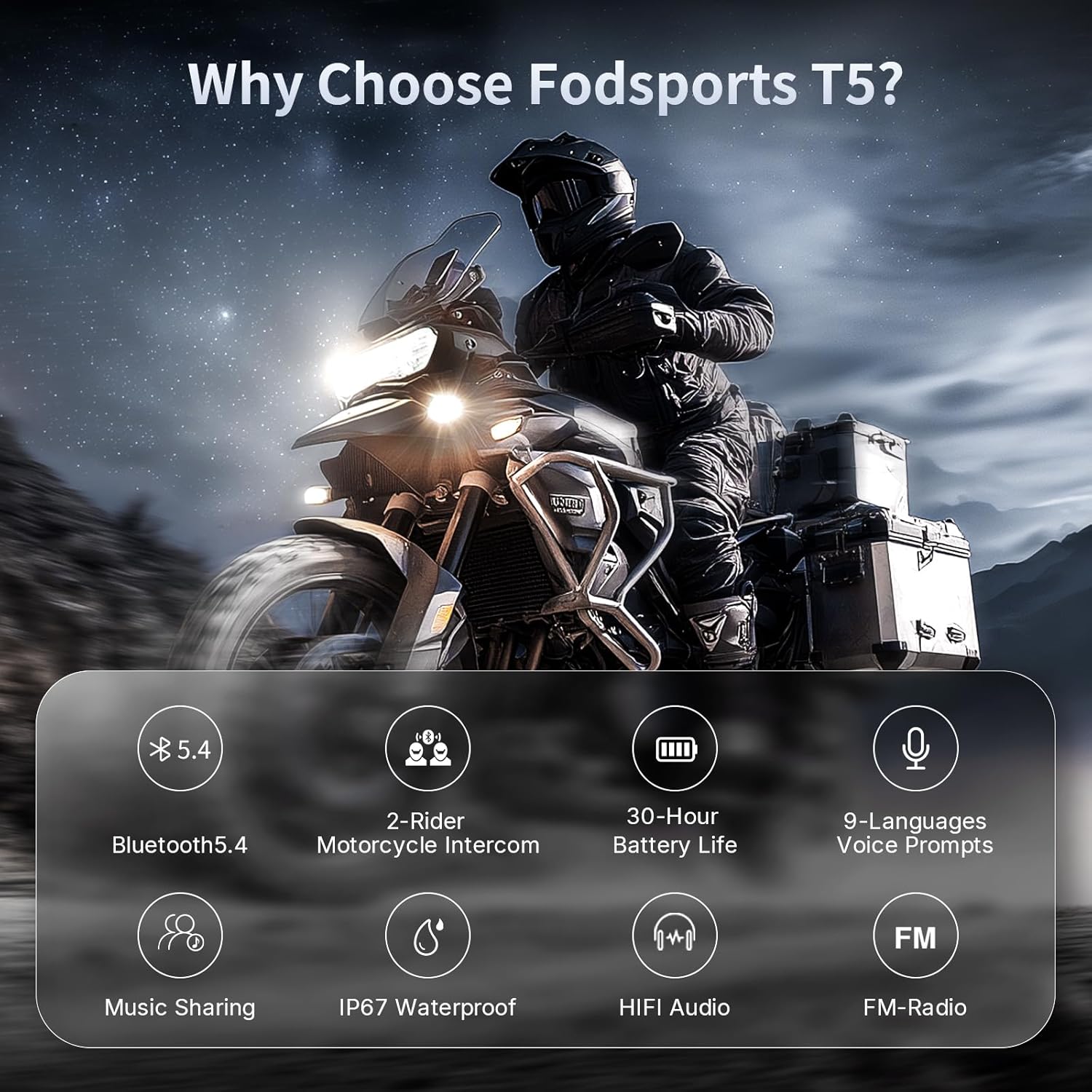 Fodsports T5 Motorcycle Helmet Bluetooth V5.4, 2-Way Helmet Intercom Communication Systems with Music Sharing, 9-Language Voice Prompts/Voice Assistant/FM Radio/2 Type Mics/4 Colored Faceplates