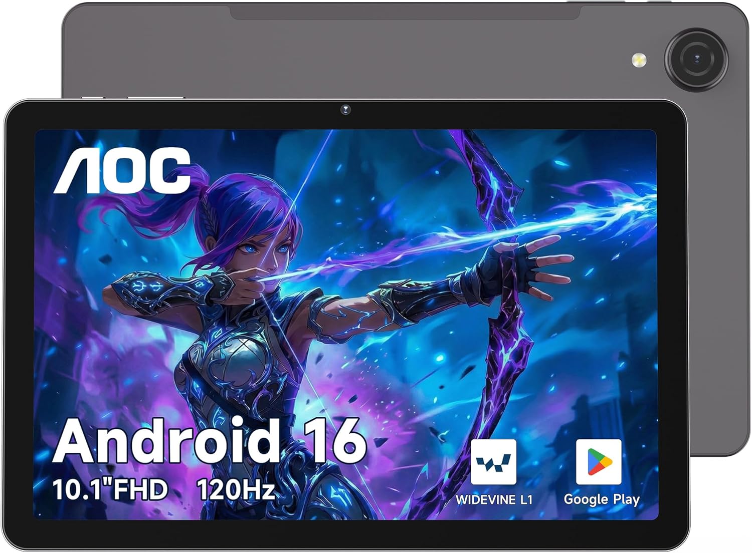 AOC 10.1 inch Android Tablet, Android 16 System, 120Hz Ultra-Smooth Display, 4GB RAM 128GB ROM (1TB Expandable), Octa-Core Processor, Widevine L1 for HD Streaming, Face Unlock, Slim Metal Body, GPS