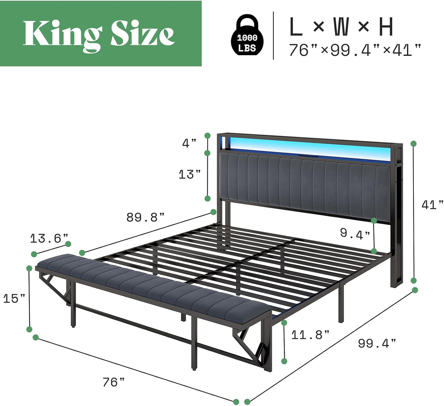AMERLIFE King Size Bed Frame, Storage Headboard with Charging Station & LED Lights, Upholstered Platform Bed with Ottoman Footboard, Velvet Fabric, Metal Slats Support, Noisy Free, Grey