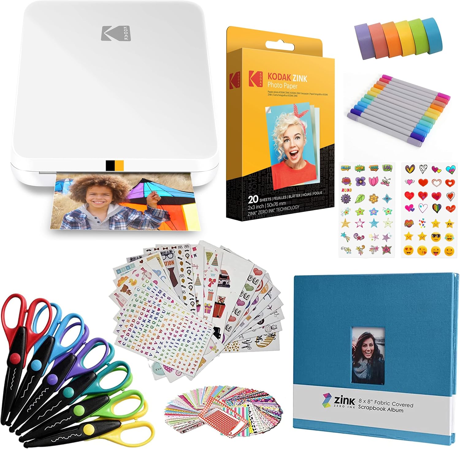 KODAK Step Slim Instant Mobile Photo Printer - Kit: 20 Pack Zink Paper, Scissors, Scrapbook Album, Markers, Sticker Sets
