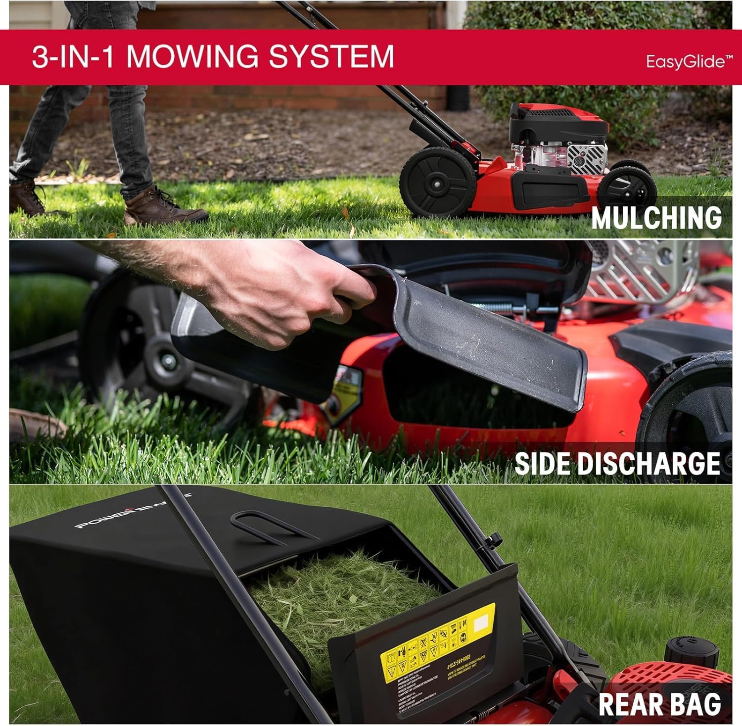 PowerSmart Gas Push Lawn Mower 21-inch 144cc 4-Stroke Engine with Easy Adjustable Cutting Height, High Wheels, 3-in-1 Mulch/Bag/Side Discharge, 6 Height Adjustment