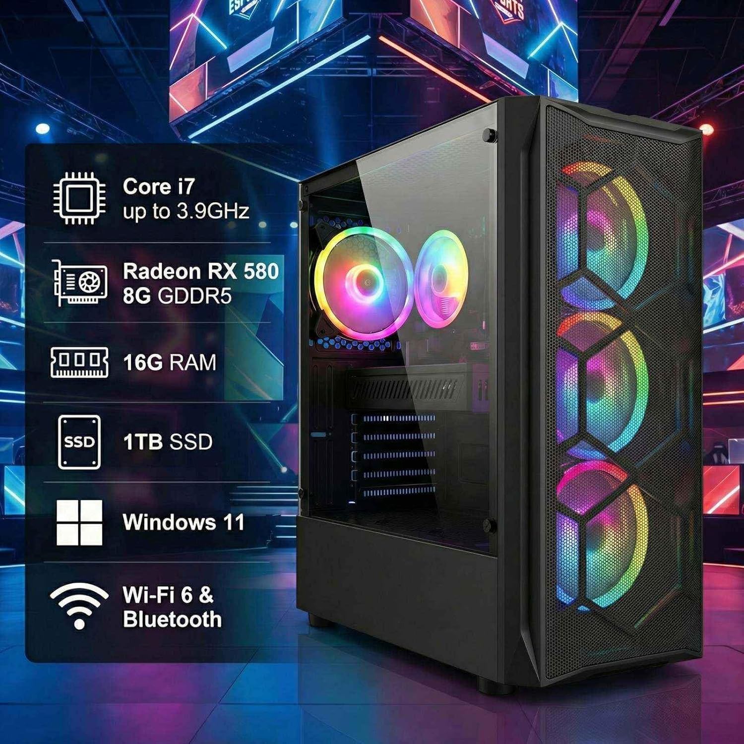 STGAubron Gaming Desktop PC, Radeon RX 580 8G, Intel Core i7 up to 3.9G, 16G RAM, 1T SSD, WiFi 6, BT 5.0, RGB Fan x4, Windows 11 Home