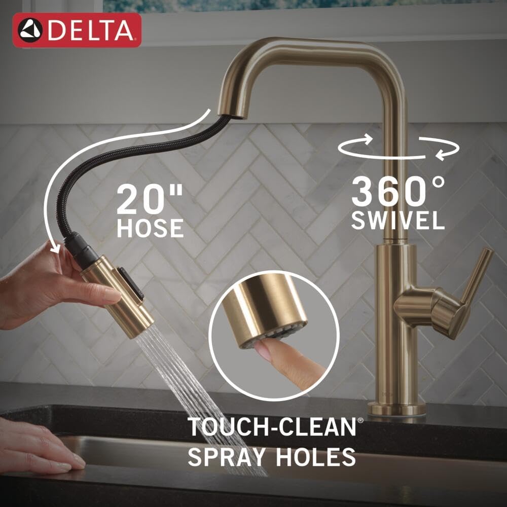 Delta Faucet Nicoli U-Spout Kitchen Faucet with Pull Down Sprayer, Champagne Gold Kitchen Sink Faucet, Modern Kitchen Faucet, Single Hole Kitchen Faucet, Champagne Bronze 19868LF-CZ