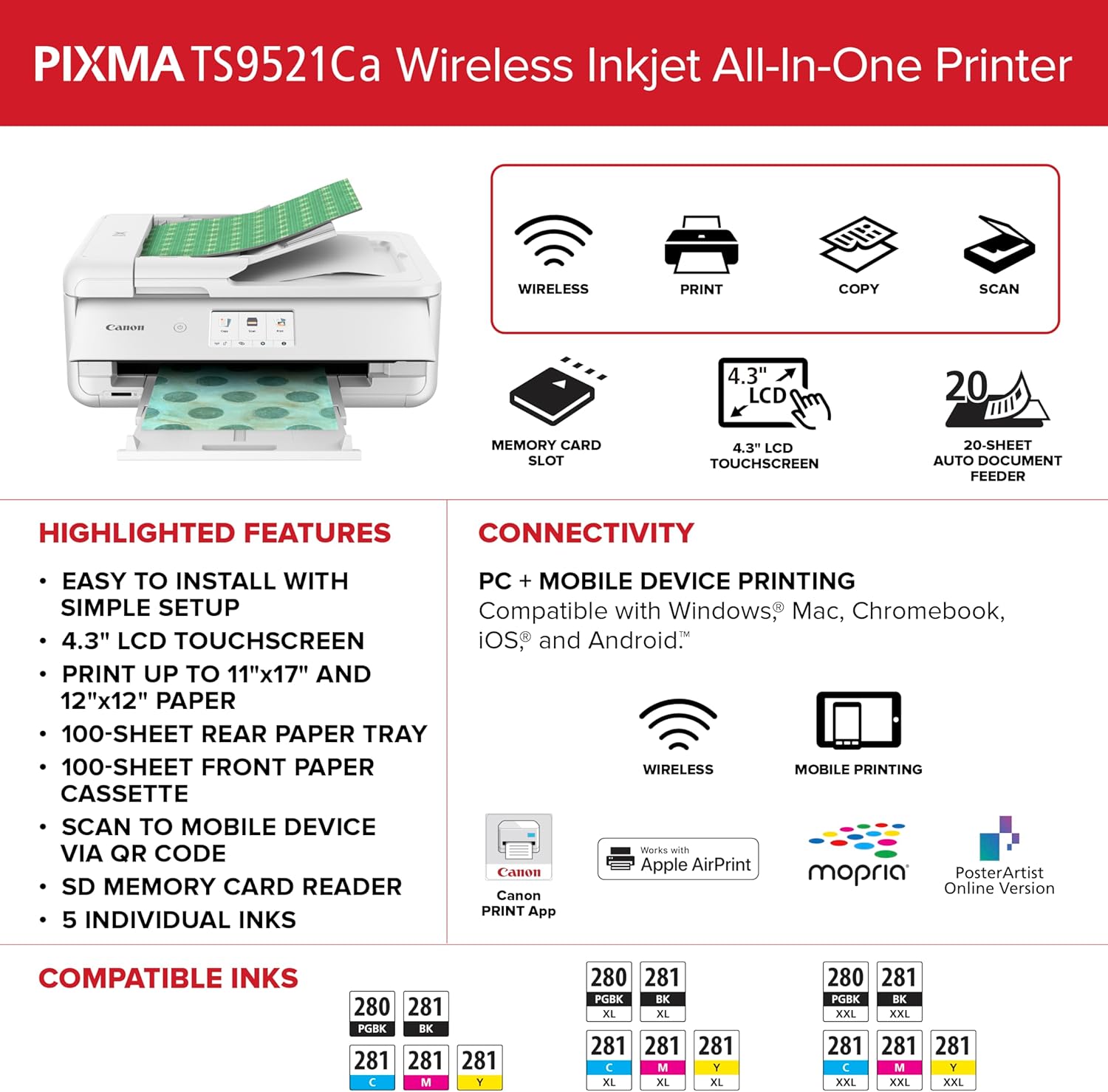 Canon PIXMA TS9521Ca – Wireless Home All-in-One Inkjet Printer