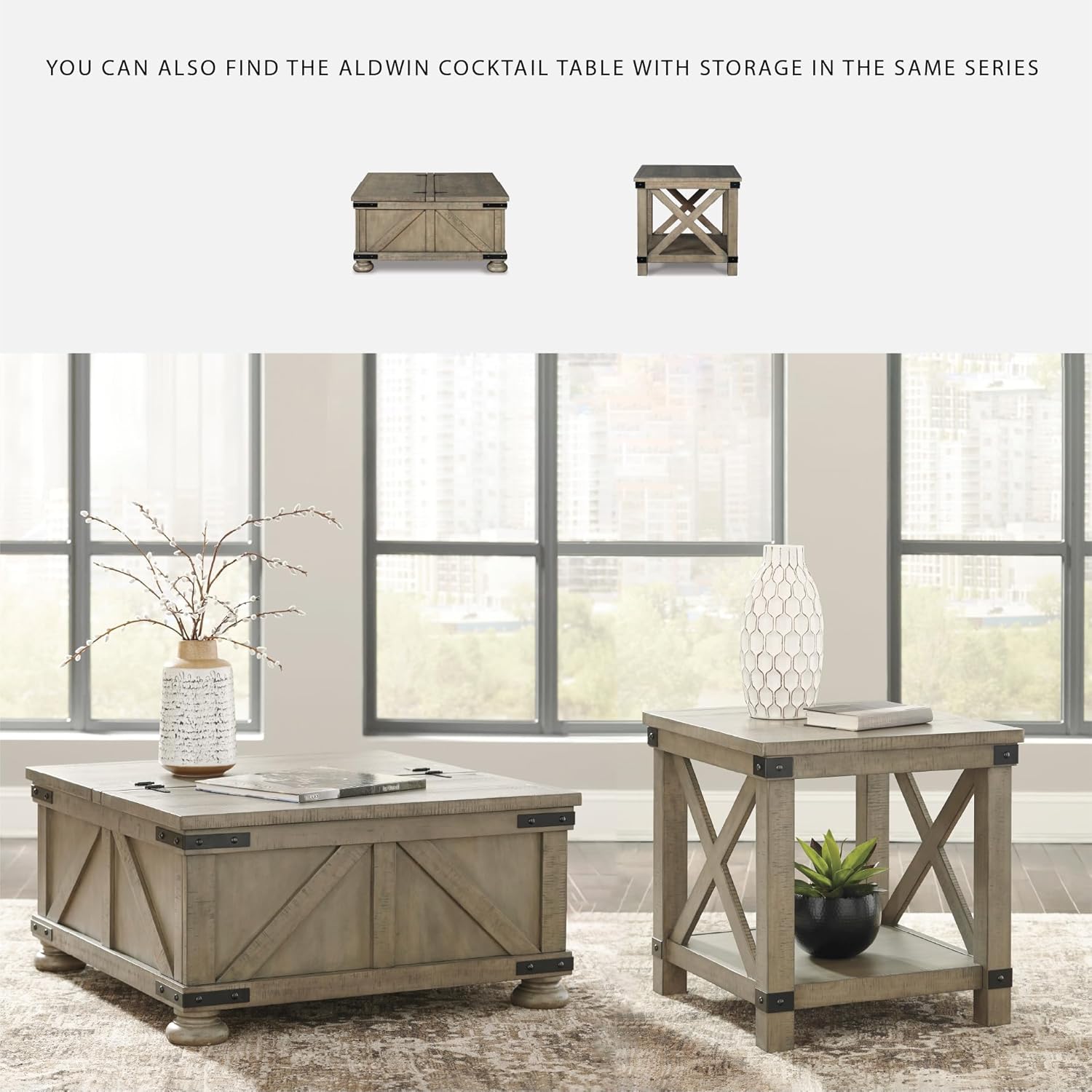 Signature Design by Ashley Aldwin Casual Farmhouse Rectangular End Table with Crossbuck Details, Metal Bracket Accents, Wood, 25